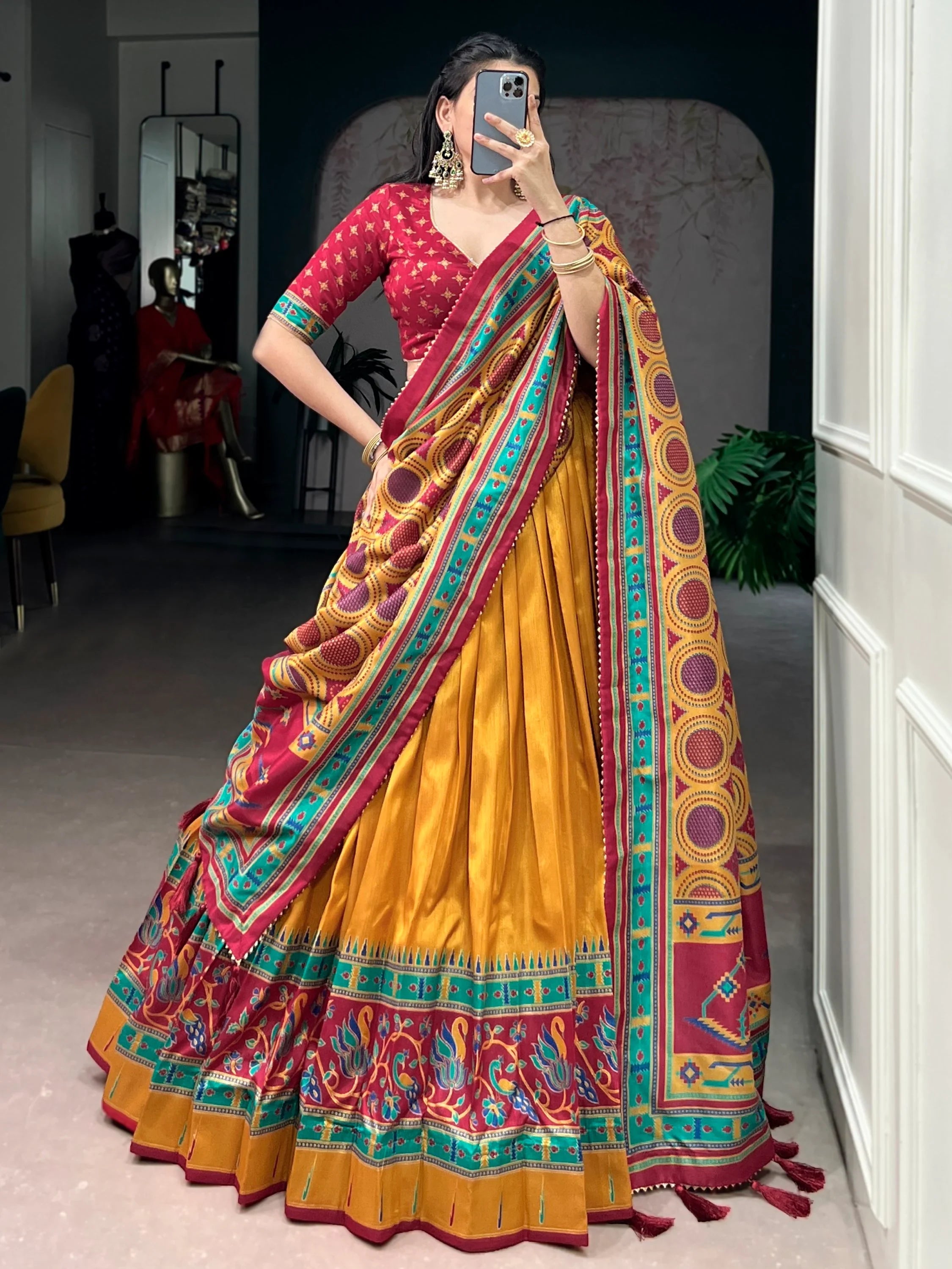 Mustard Majestic Printed Tussar Silk Event Wear Lehenga Choli