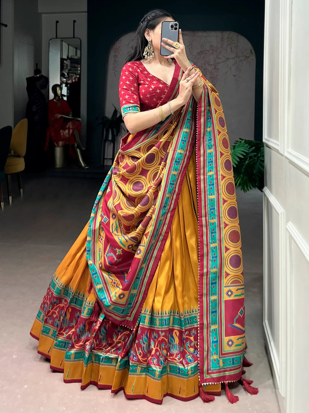 Mustard Majestic Printed Tussar Silk Event Wear Lehenga Choli