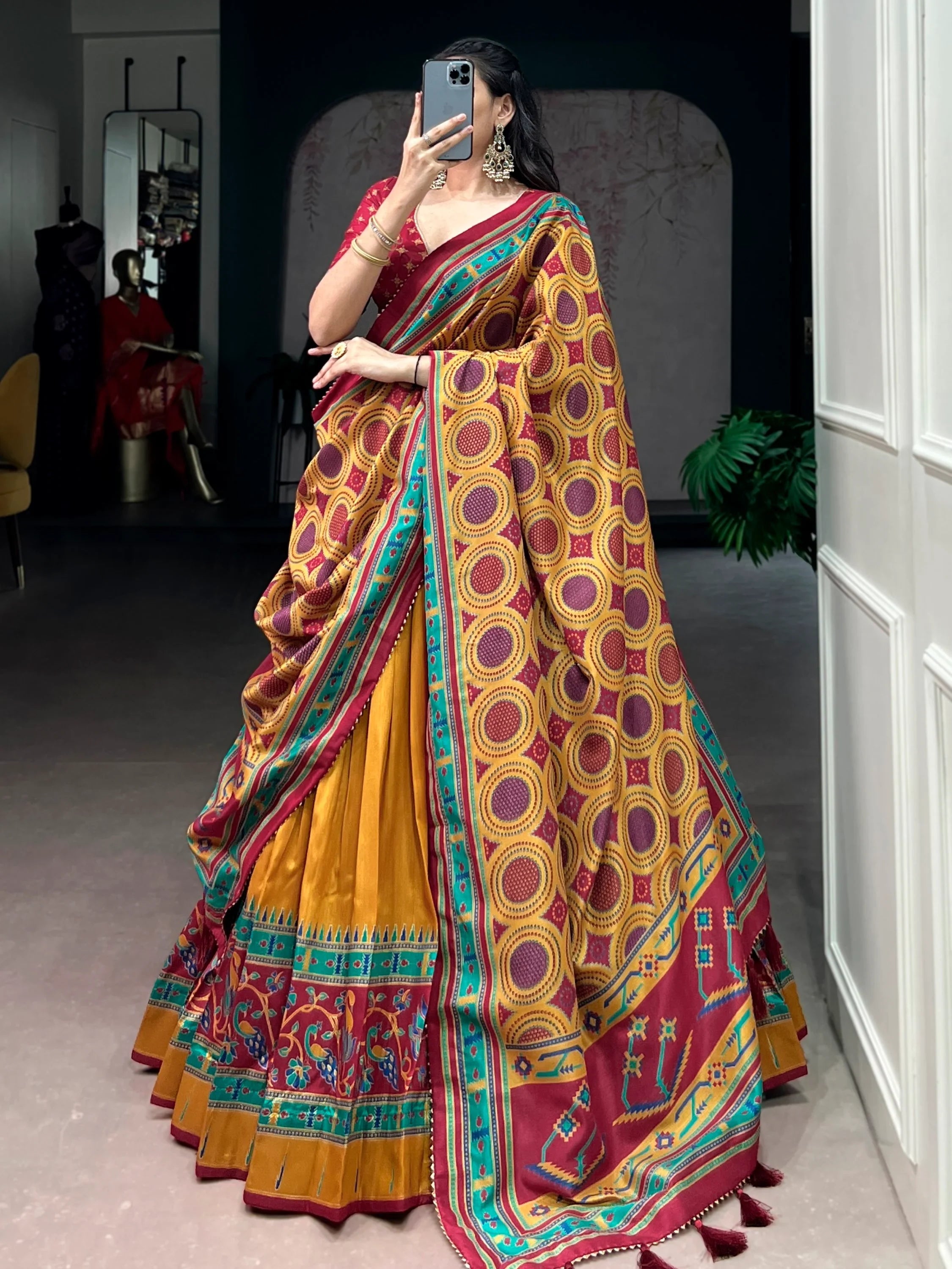 Mustard Majestic Printed Tussar Silk Event Wear Lehenga Choli
