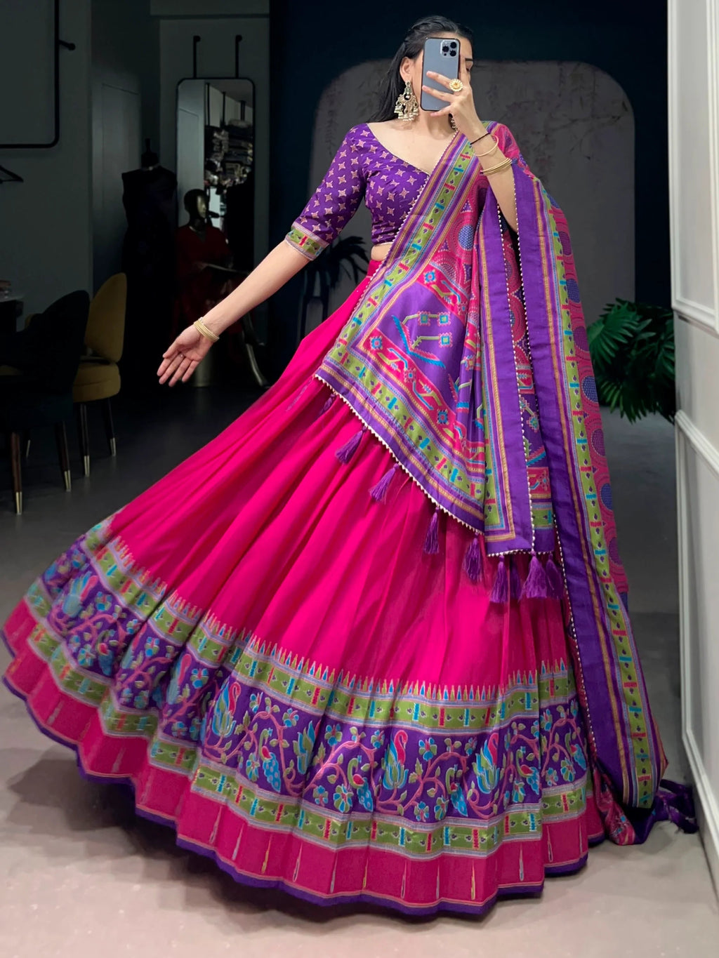 Pink Majestic Printed Tussar Silk Event Wear Lehenga Choli