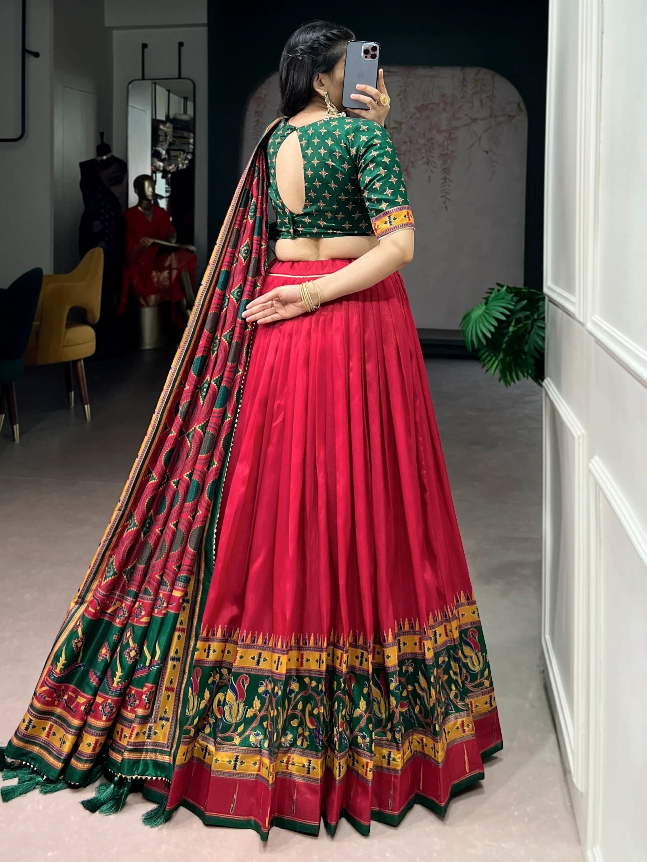 Red Majestic Printed Tussar Silk Event Wear Lehenga Choli