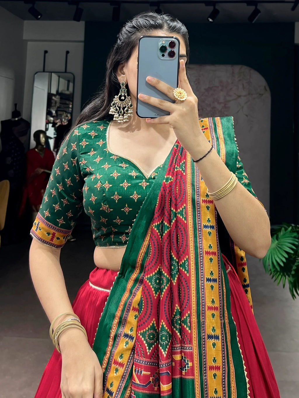 Red Majestic Printed Tussar Silk Event Wear Lehenga Choli