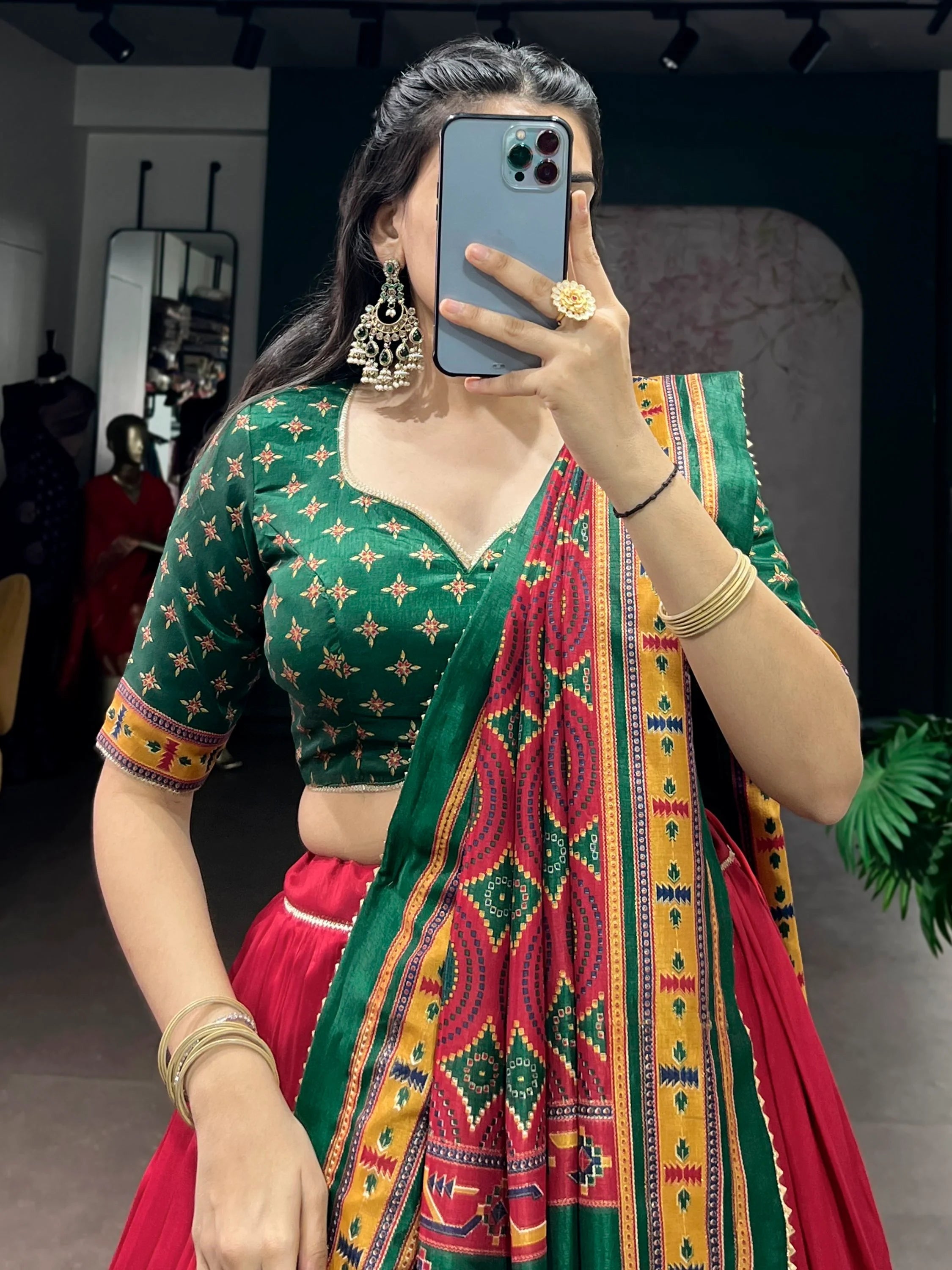 Red Majestic Printed Tussar Silk Event Wear Lehenga Choli