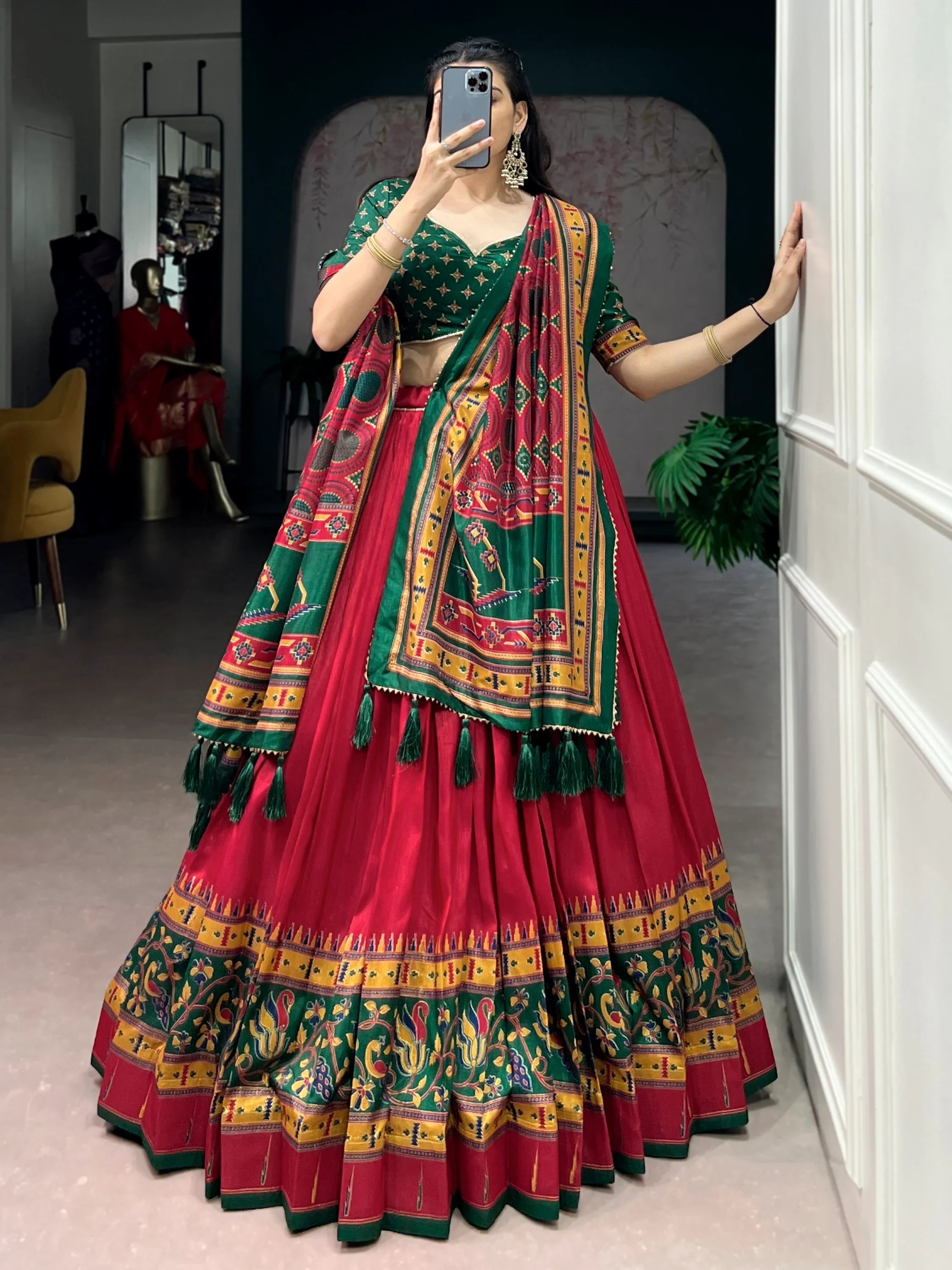 Red Majestic Printed Tussar Silk Event Wear Lehenga Choli