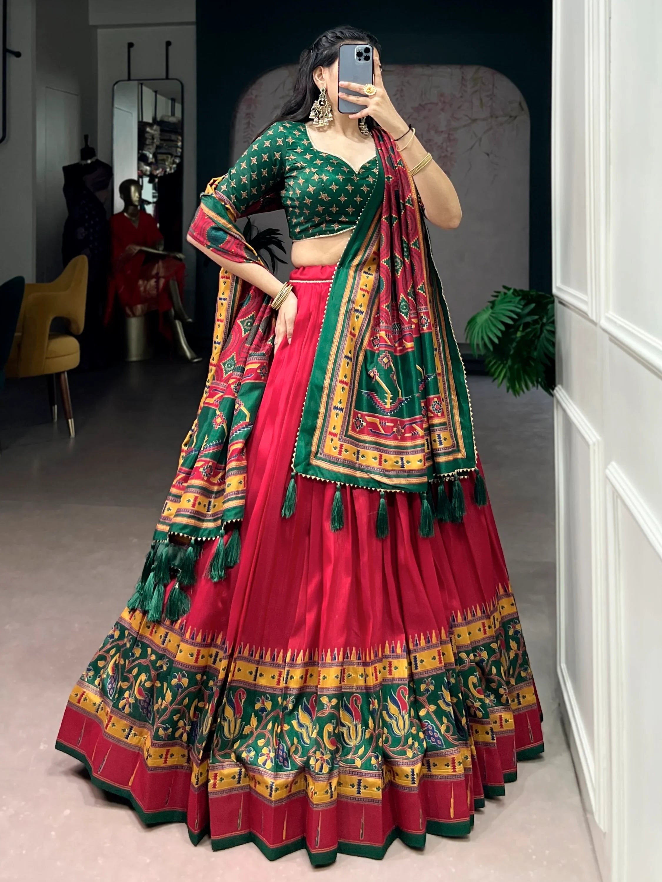Red Majestic Printed Tussar Silk Event Wear Lehenga Choli