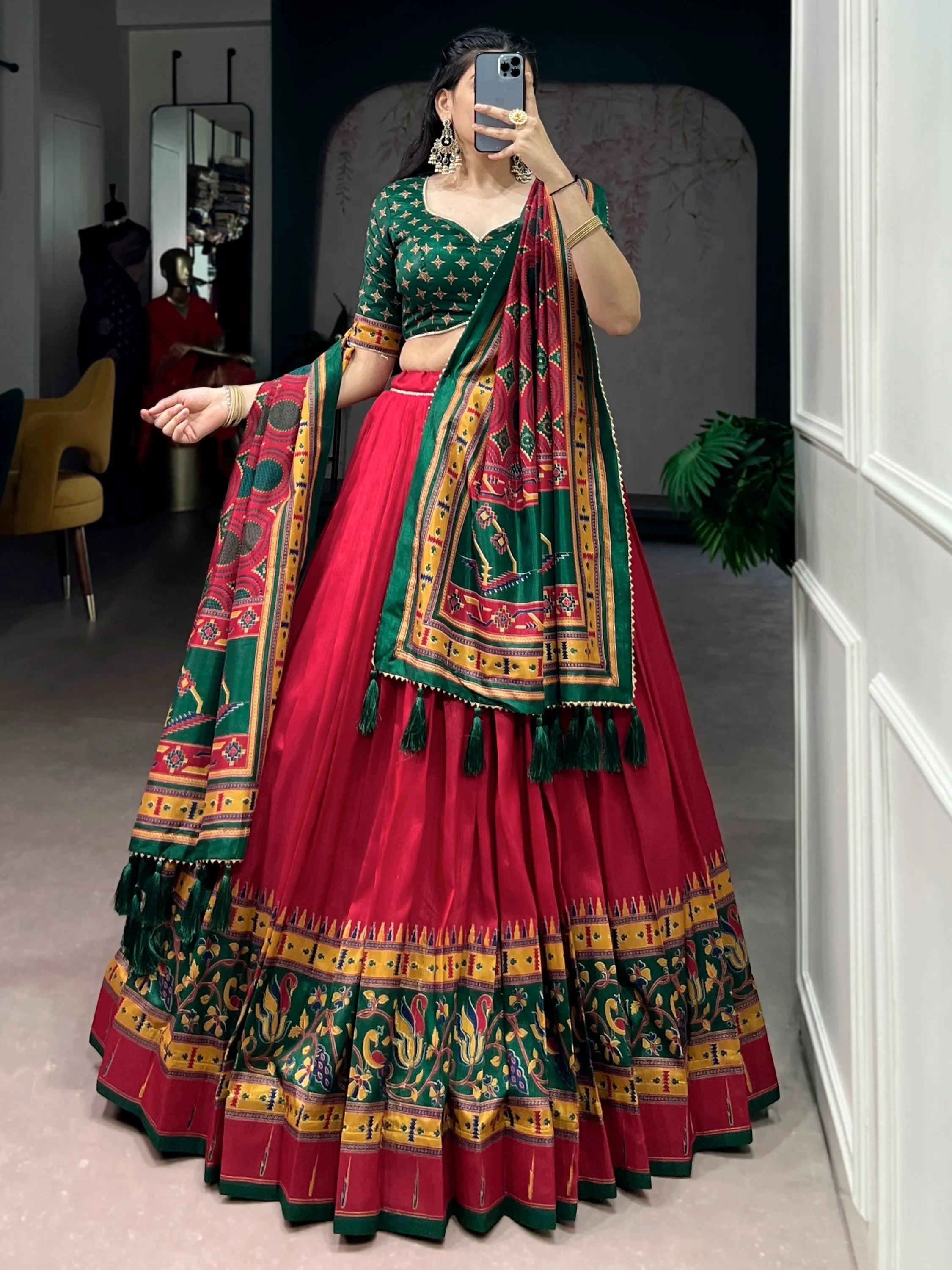 Red Majestic Printed Tussar Silk Event Wear Lehenga Choli