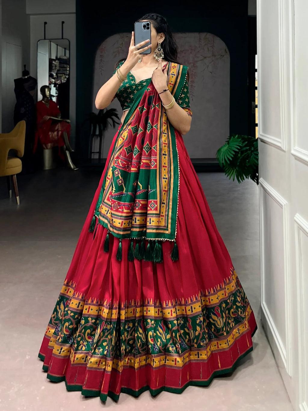 Red Majestic Printed Tussar Silk Event Wear Lehenga Choli