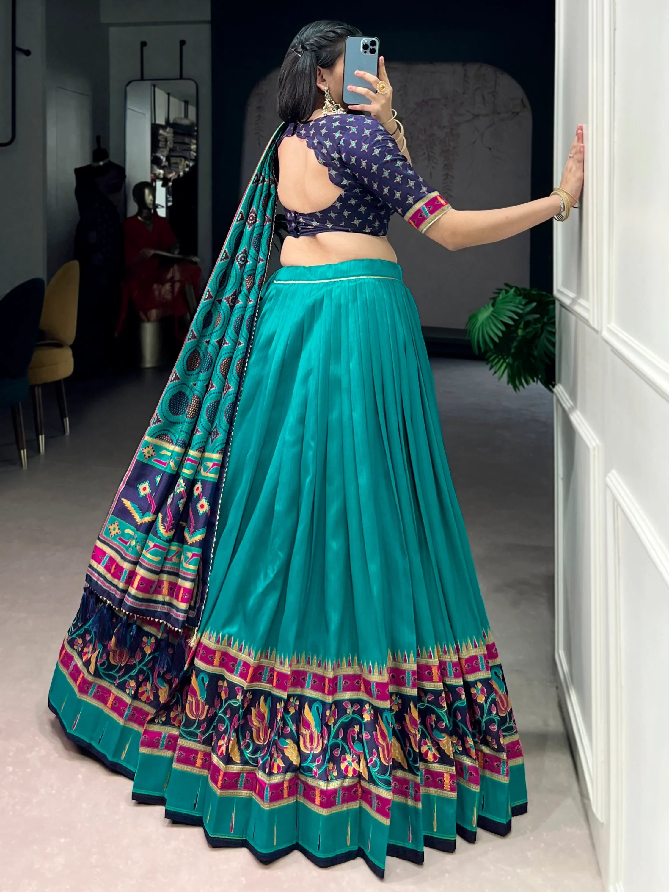 Teal Majestic Printed Tussar Silk Event Wear Lehenga Choli