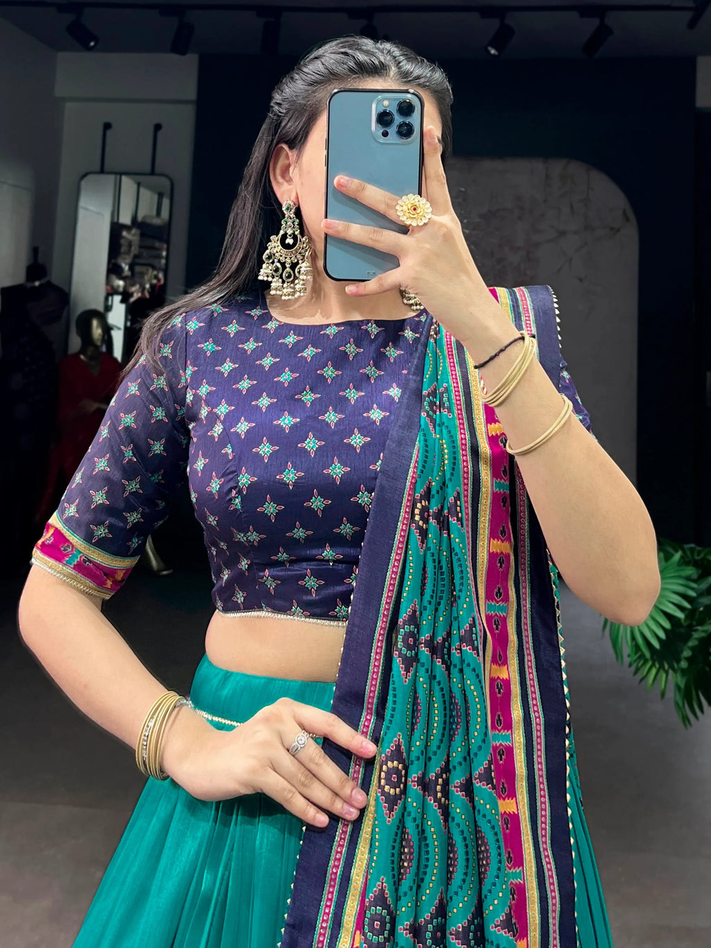 Teal Majestic Printed Tussar Silk Event Wear Lehenga Choli