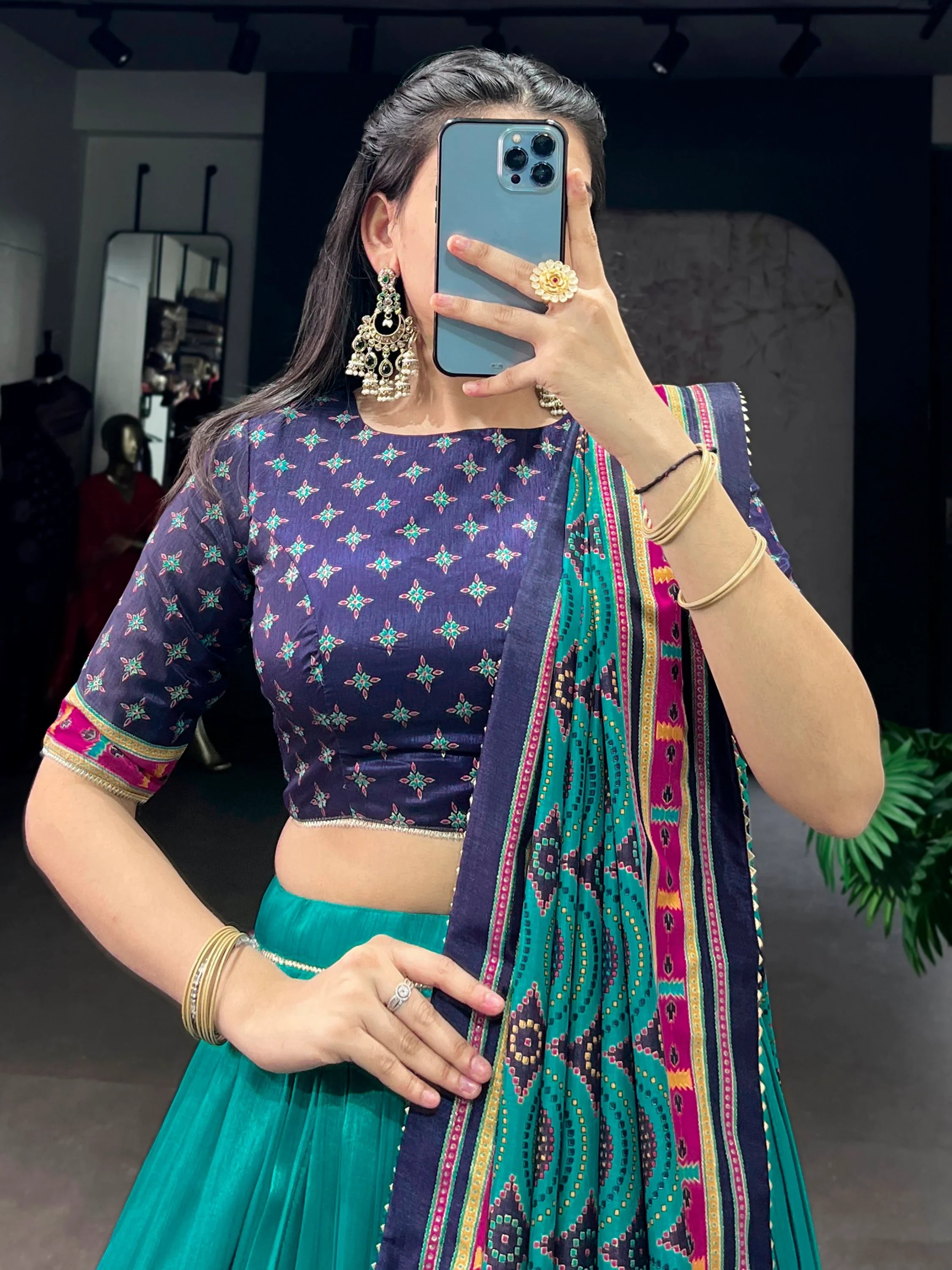 Teal Majestic Printed Tussar Silk Event Wear Lehenga Choli