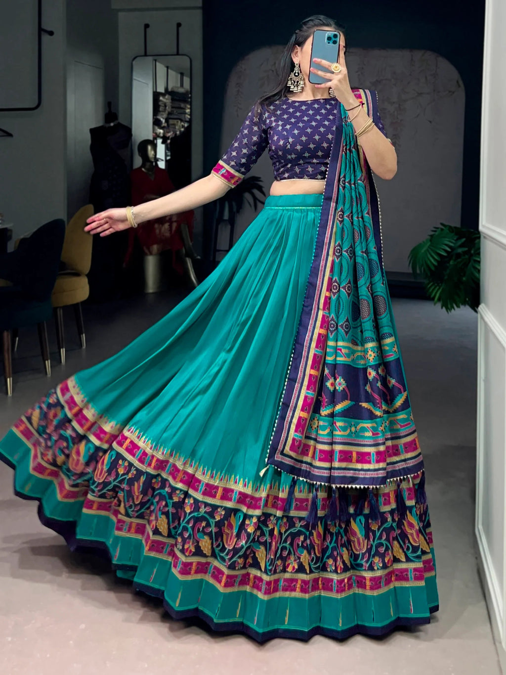 Teal Majestic Printed Tussar Silk Event Wear Lehenga Choli