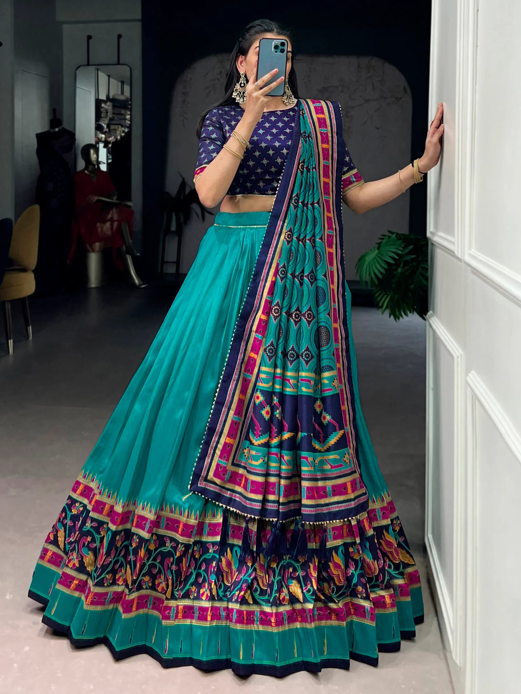 Teal Majestic Printed Tussar Silk Event Wear Lehenga Choli