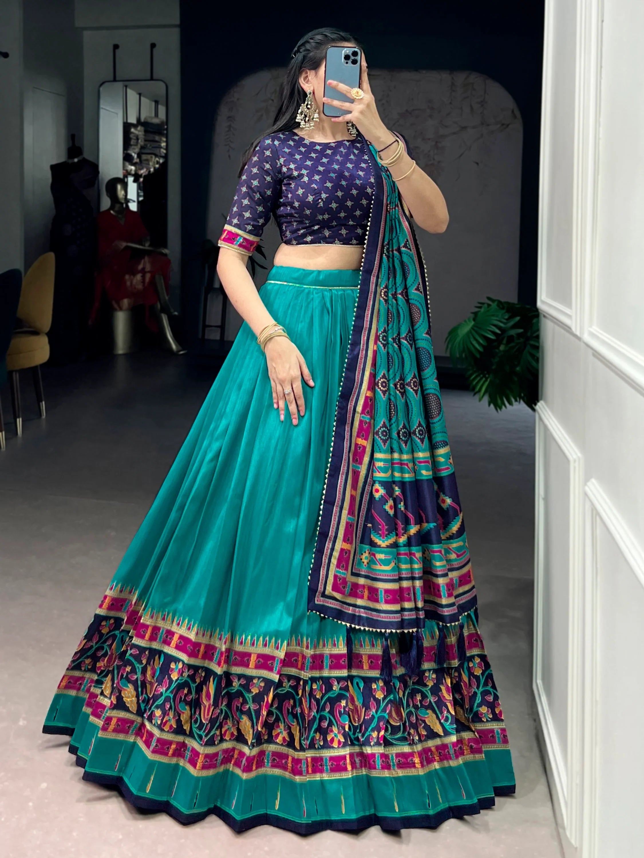 Teal Majestic Printed Tussar Silk Event Wear Lehenga Choli