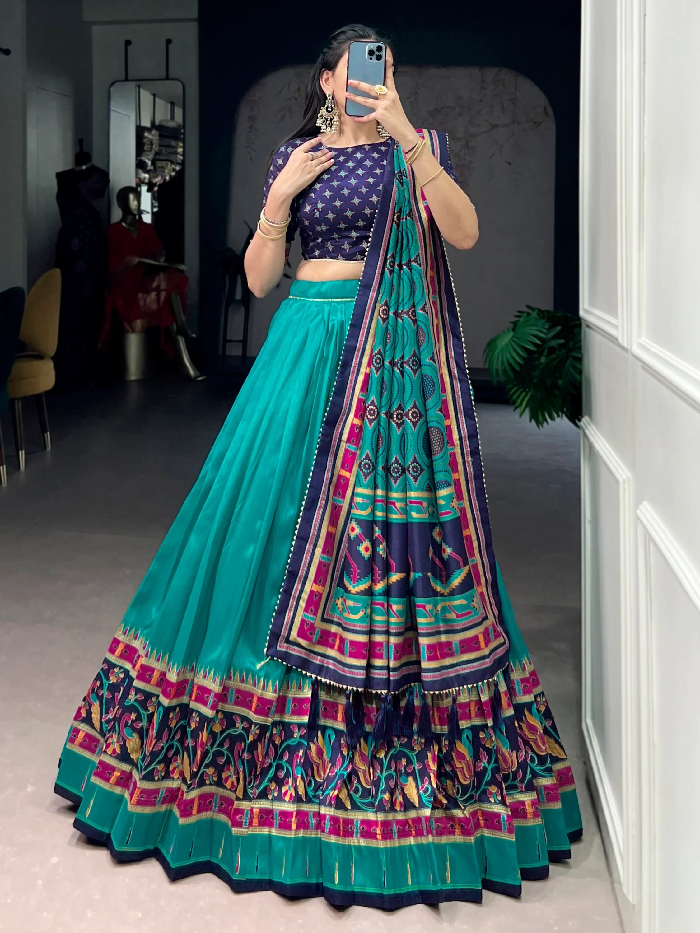 Teal Majestic Printed Tussar Silk Event Wear Lehenga Choli