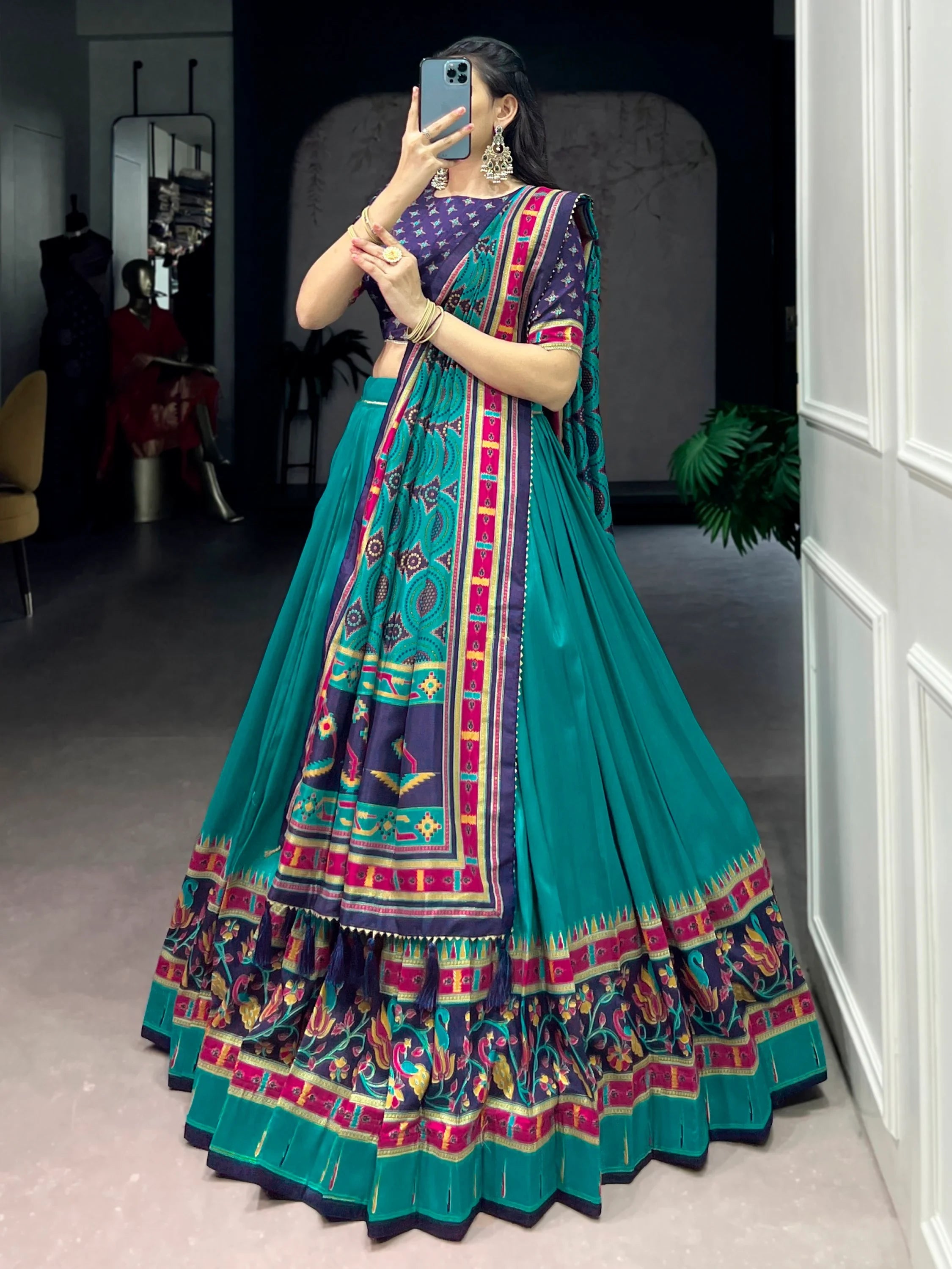 Teal Majestic Printed Tussar Silk Event Wear Lehenga Choli