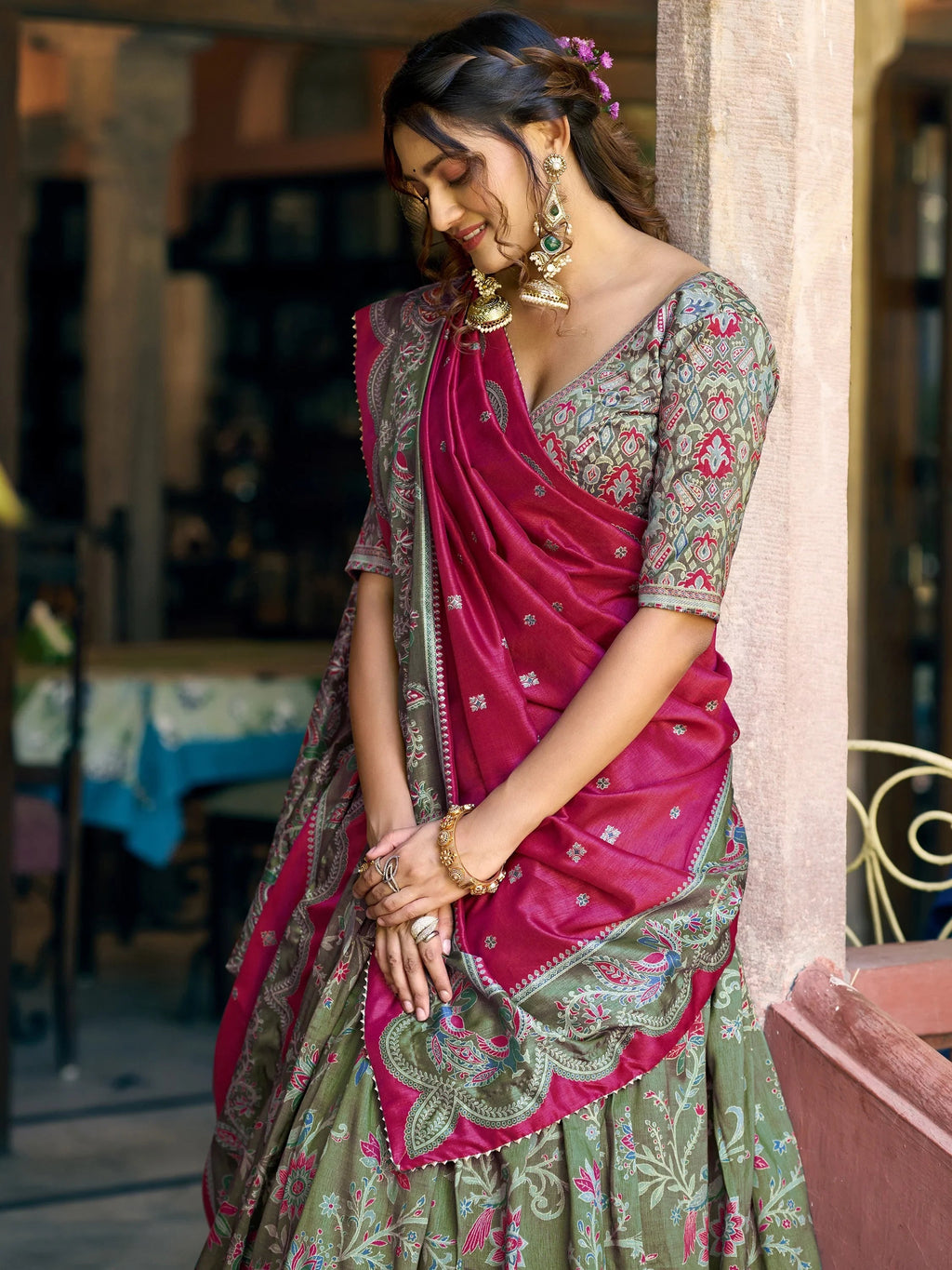 Bottle Green Glorious Bottle Printed Tussar Silk Mehendi Wear Lehenga Choli