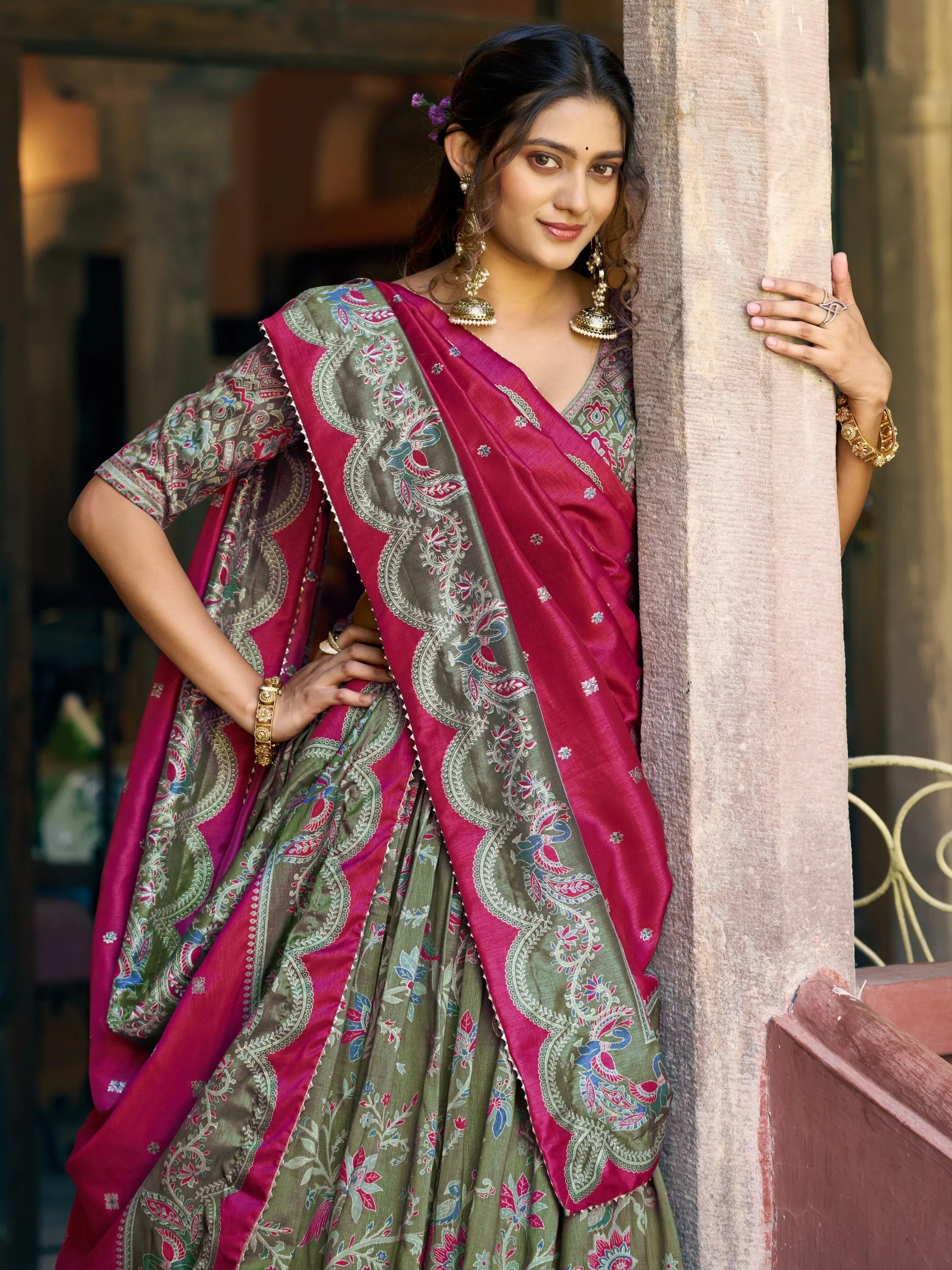 Bottle Green Glorious Bottle Printed Tussar Silk Mehendi Wear Lehenga Choli