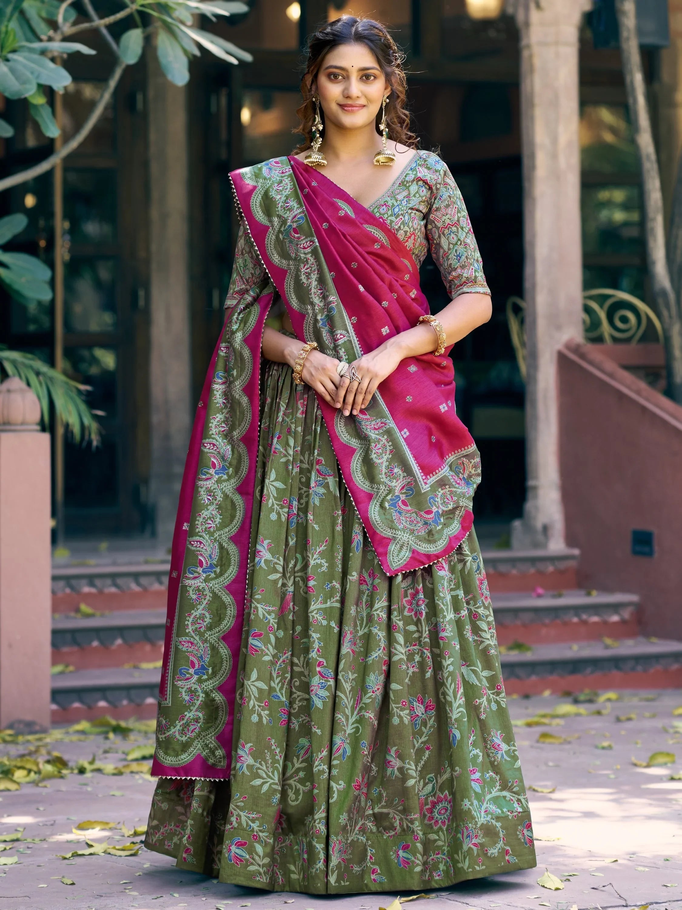 Bottle Green Glorious Bottle Printed Tussar Silk Mehendi Wear Lehenga Choli