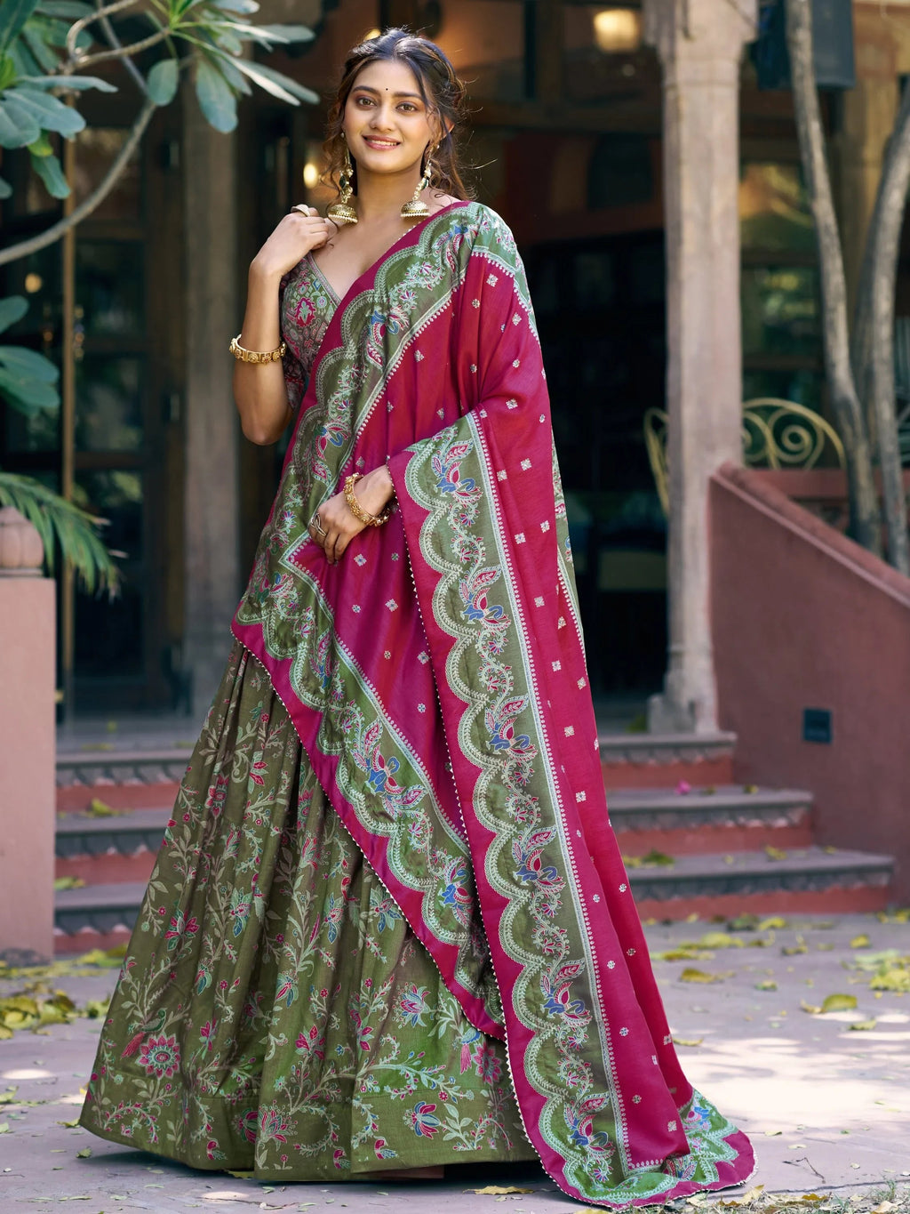 Bottle Green Glorious Bottle Printed Tussar Silk Mehendi Wear Lehenga Choli