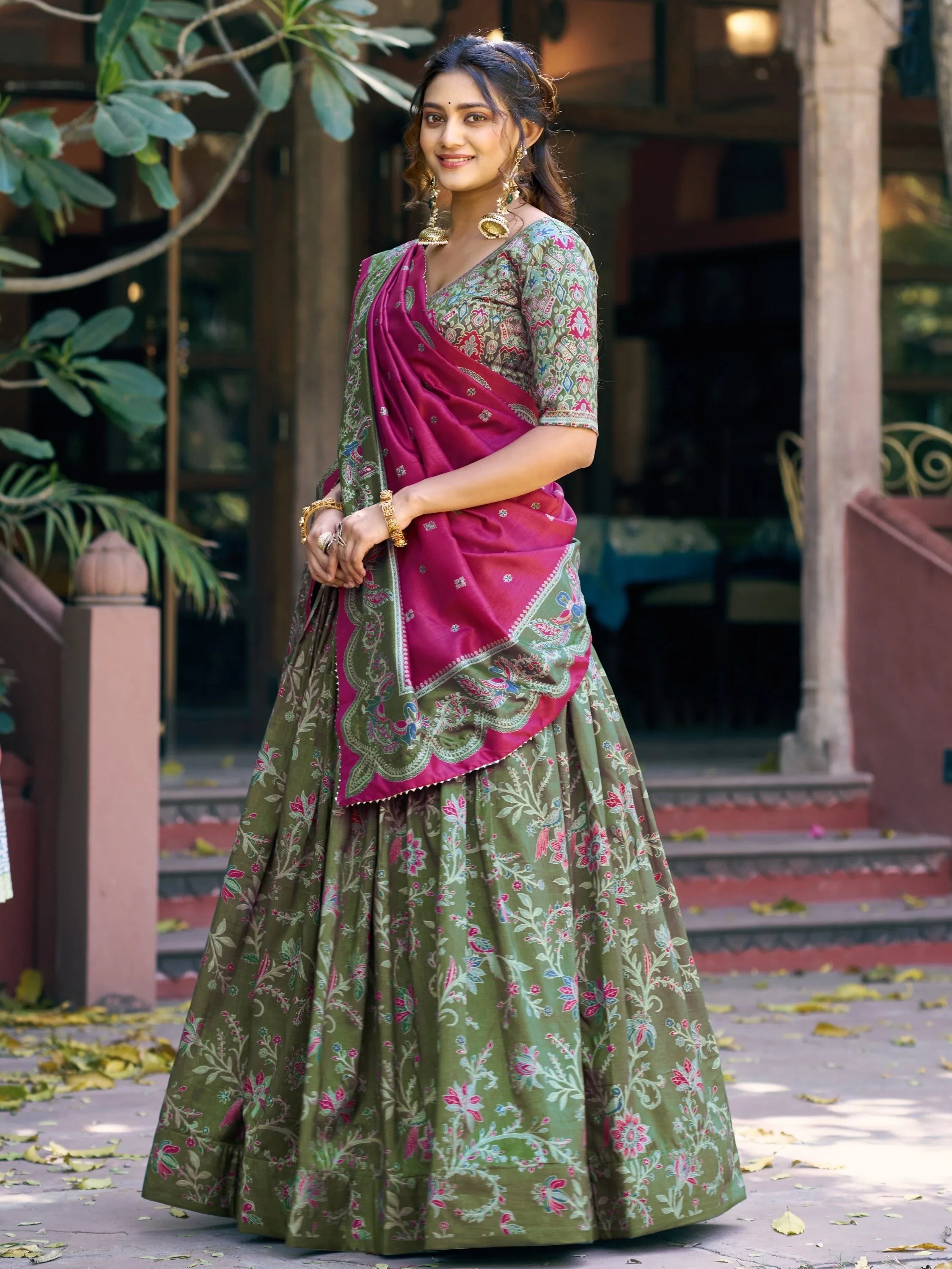 Bottle Green Glorious Bottle Printed Tussar Silk Mehendi Wear Lehenga Choli