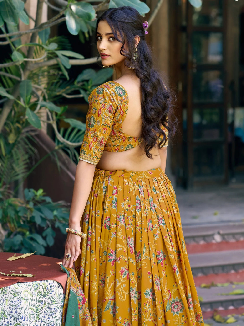 Mustard Glorious Bottle Printed Tussar Silk Mehendi Wear Lehenga Choli