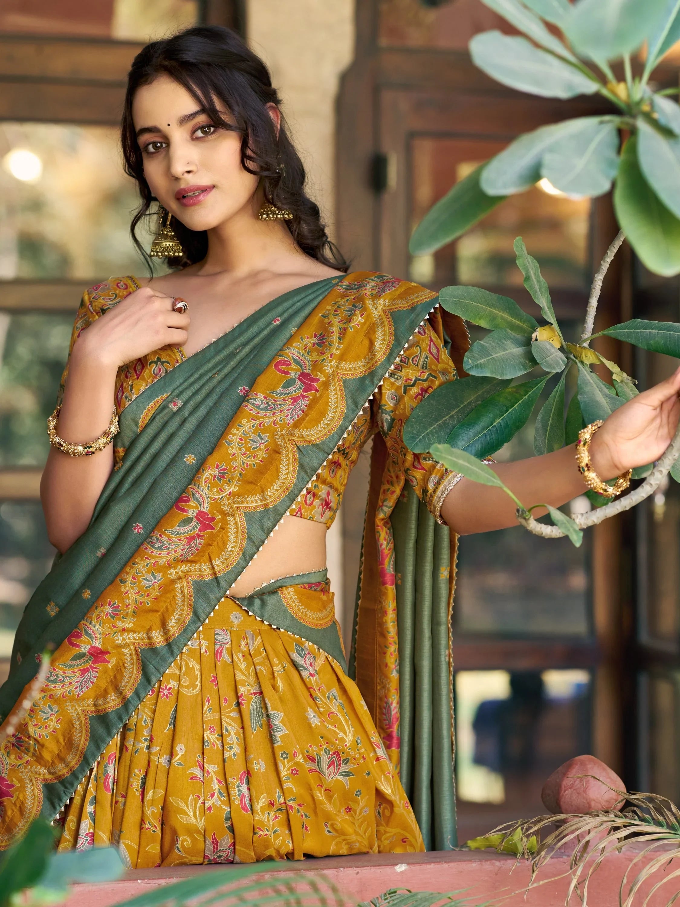 Mustard Glorious Bottle Printed Tussar Silk Mehendi Wear Lehenga Choli