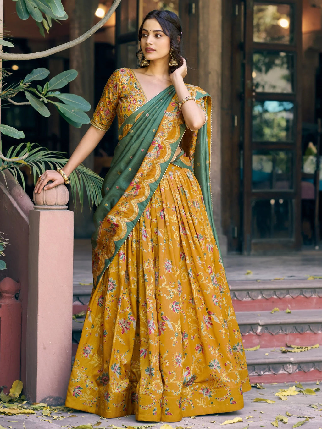 Mustard Glorious Bottle Printed Tussar Silk Mehendi Wear Lehenga Choli