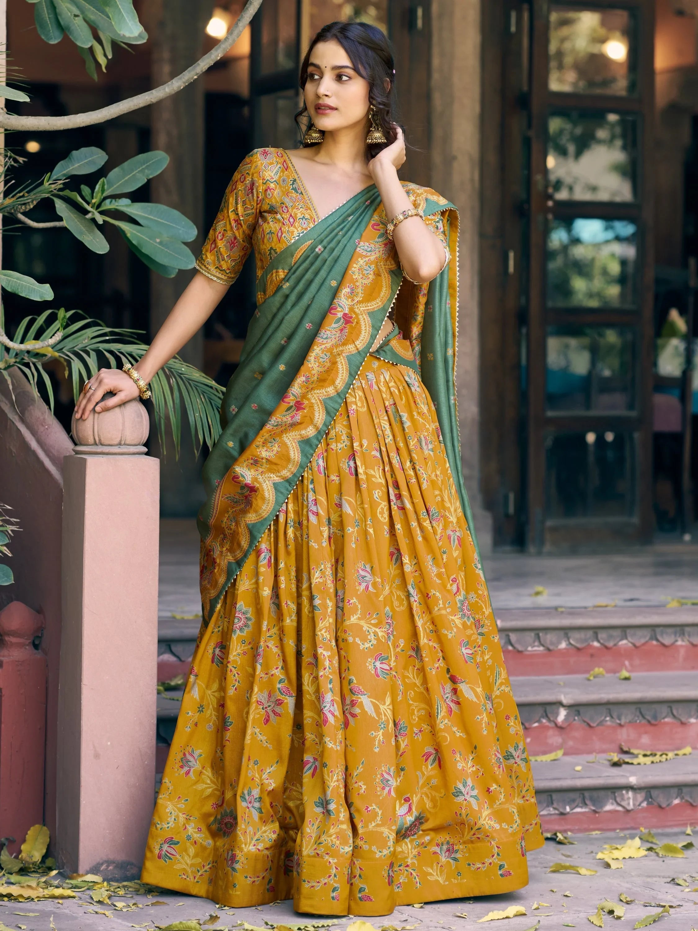 Mustard Glorious Bottle Printed Tussar Silk Mehendi Wear Lehenga Choli