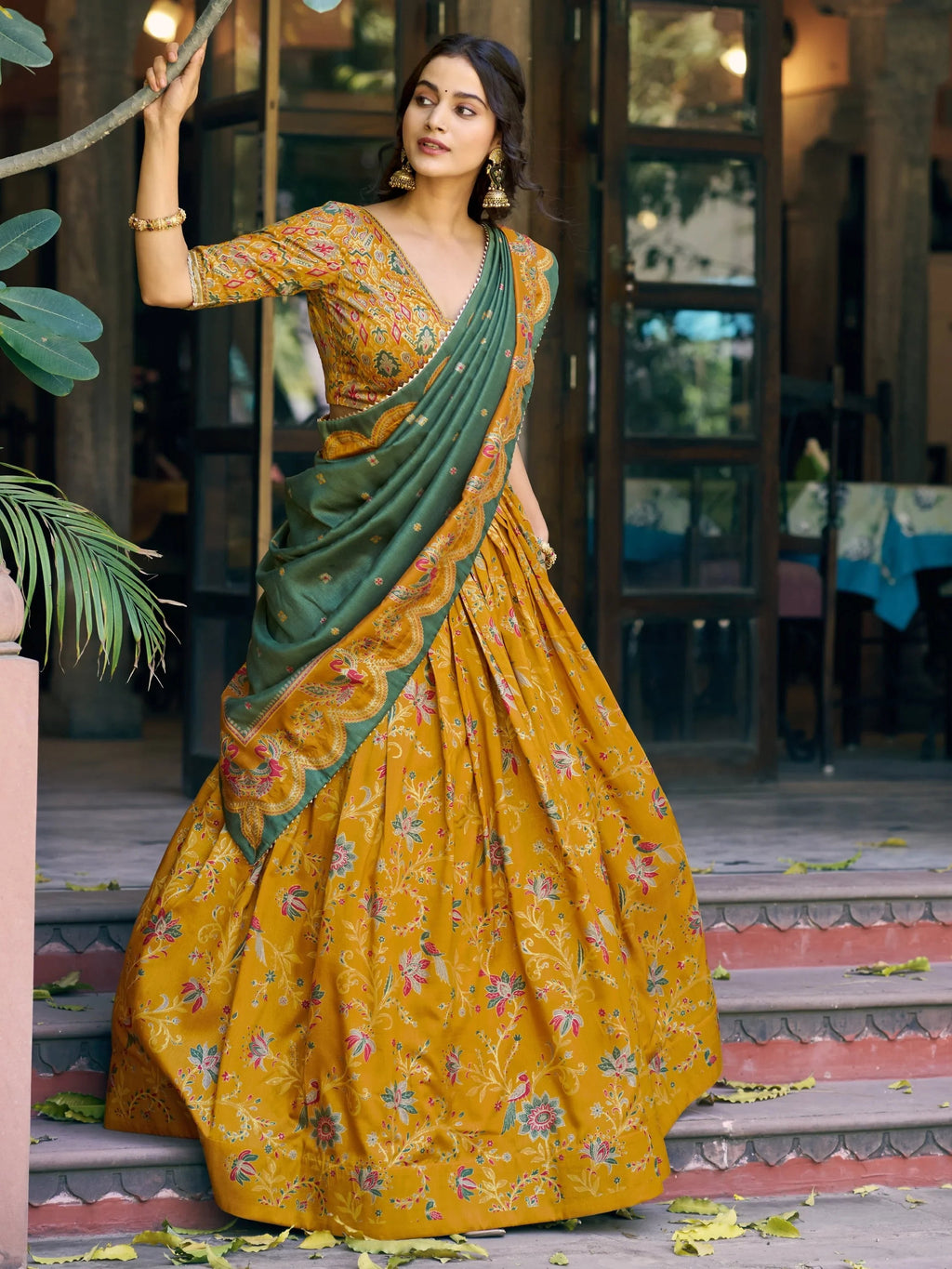 Mustard Glorious Bottle Printed Tussar Silk Mehendi Wear Lehenga Choli