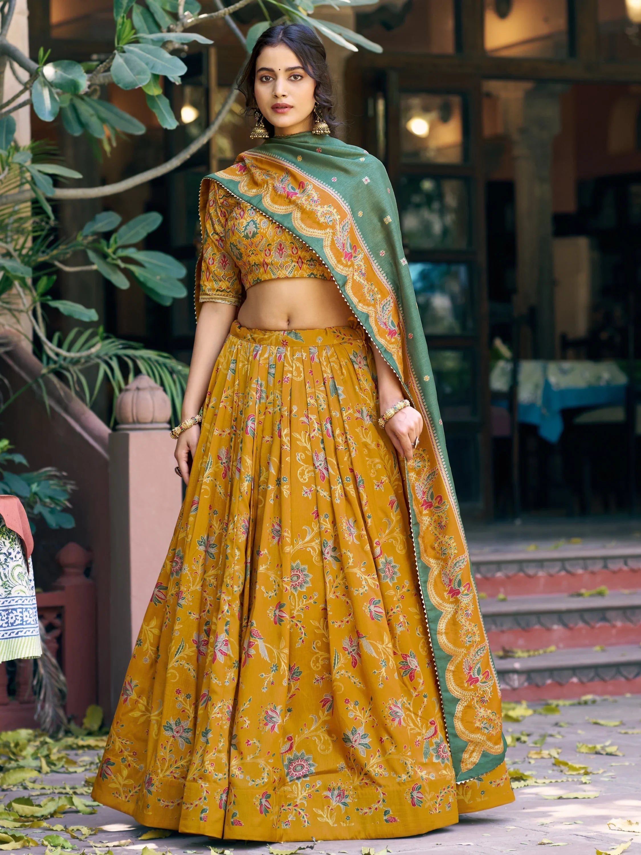 Mustard Glorious Bottle Printed Tussar Silk Mehendi Wear Lehenga Choli