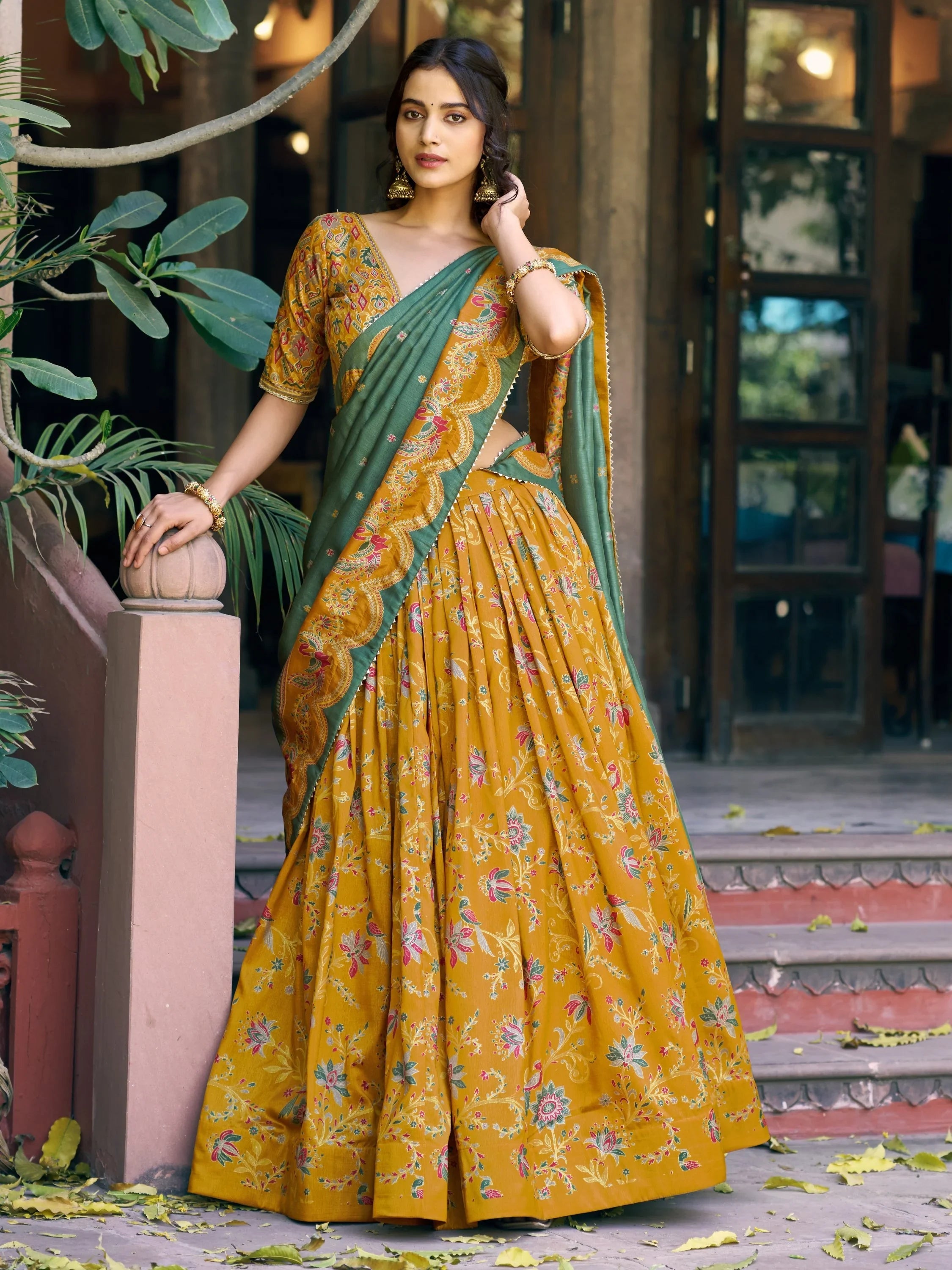 Mustard Glorious Bottle Printed Tussar Silk Mehendi Wear Lehenga Choli