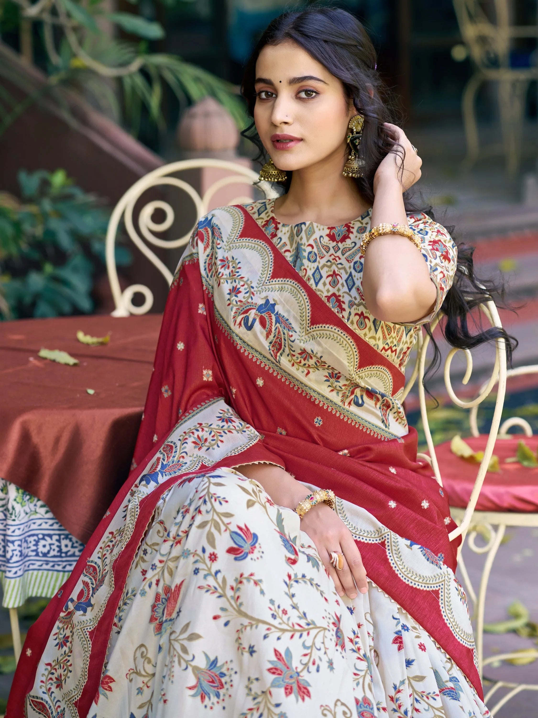 Off White Glorious Bottle Printed Tussar Silk Mehendi Wear Lehenga Choli