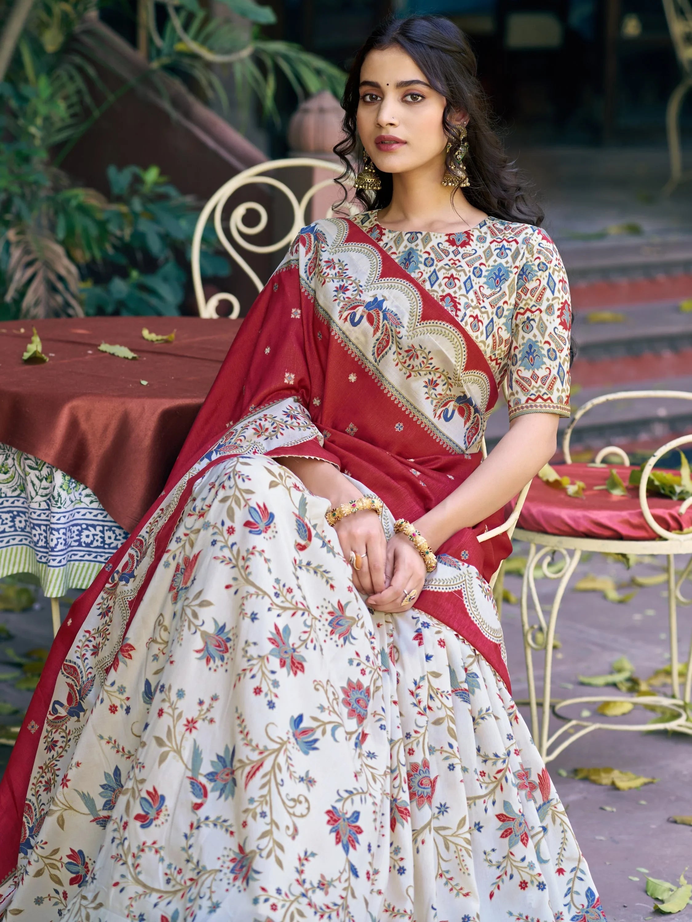 Off White Glorious Bottle Printed Tussar Silk Mehendi Wear Lehenga Choli