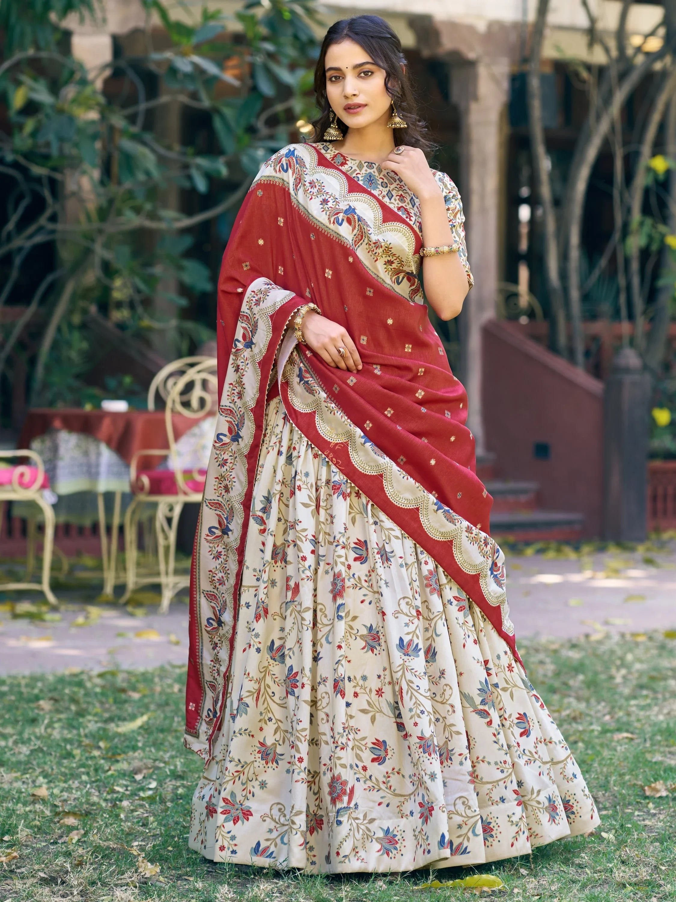 Off White Glorious Bottle Printed Tussar Silk Mehendi Wear Lehenga Choli