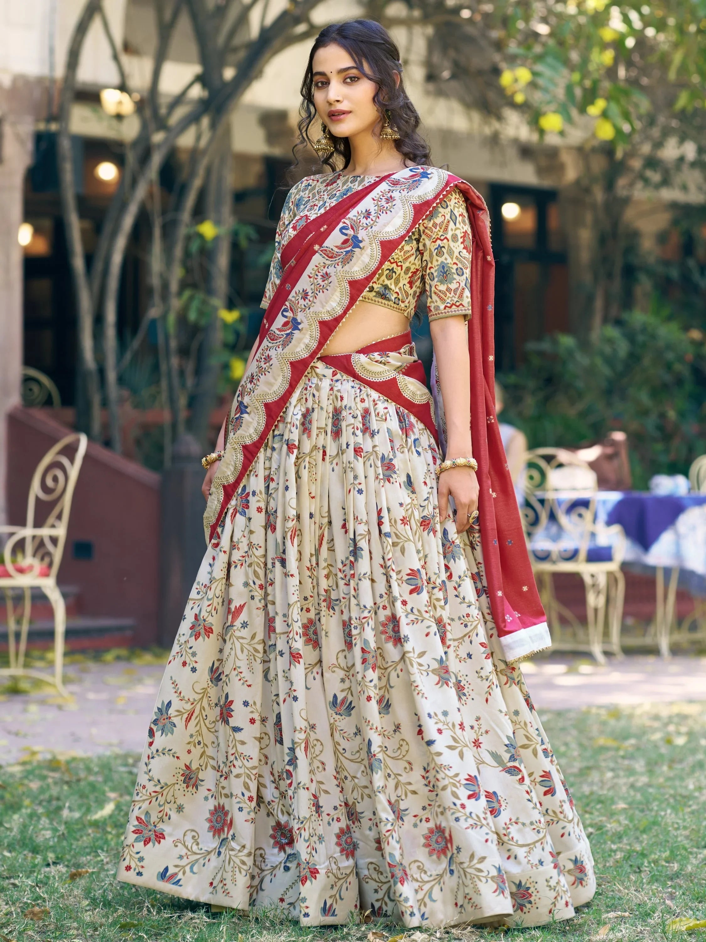 Off White Glorious Bottle Printed Tussar Silk Mehendi Wear Lehenga Choli