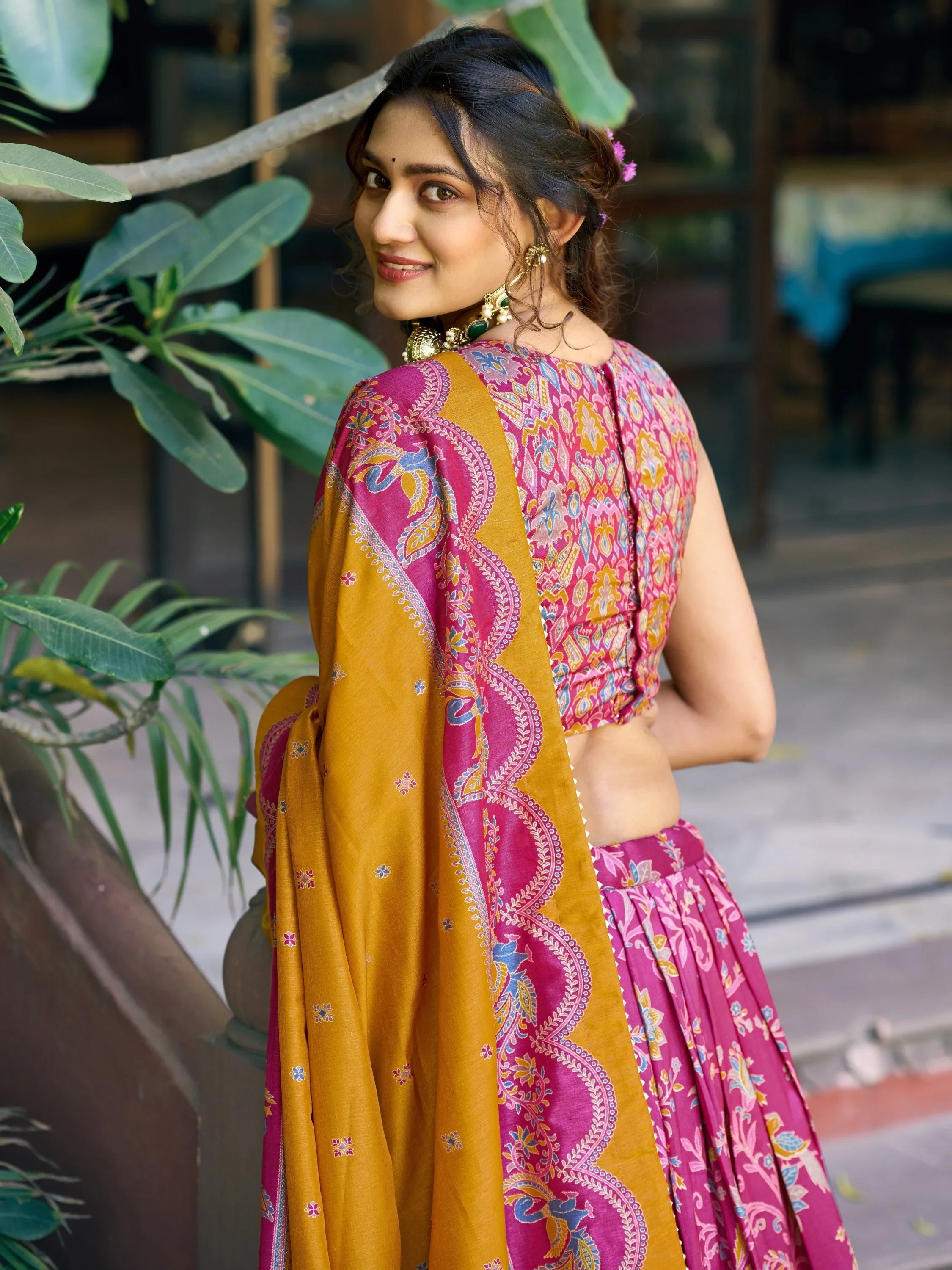 Pink Glorious Bottle Printed Tussar Silk Mehendi Wear Lehenga Choli