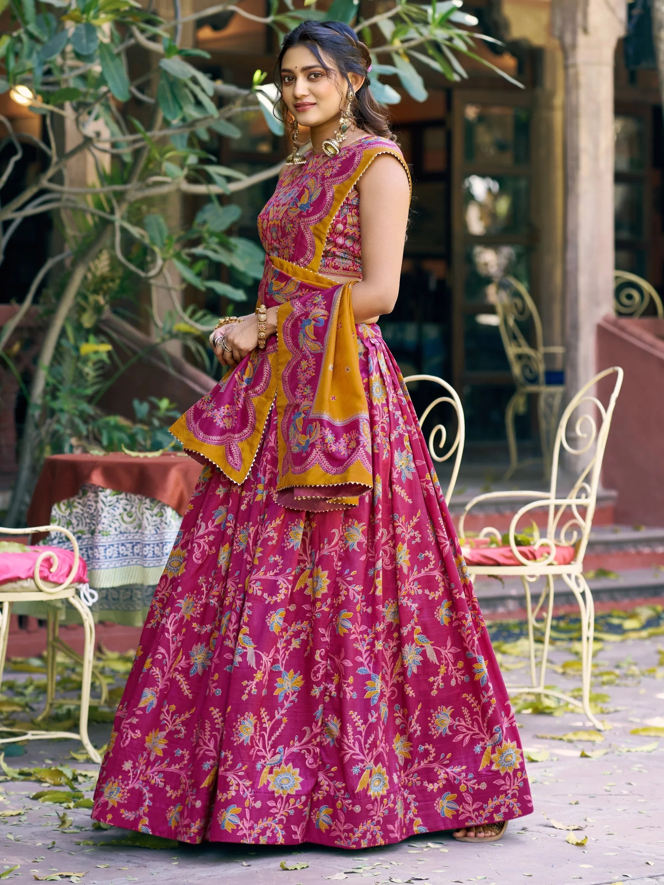 Pink Glorious Bottle Printed Tussar Silk Mehendi Wear Lehenga Choli