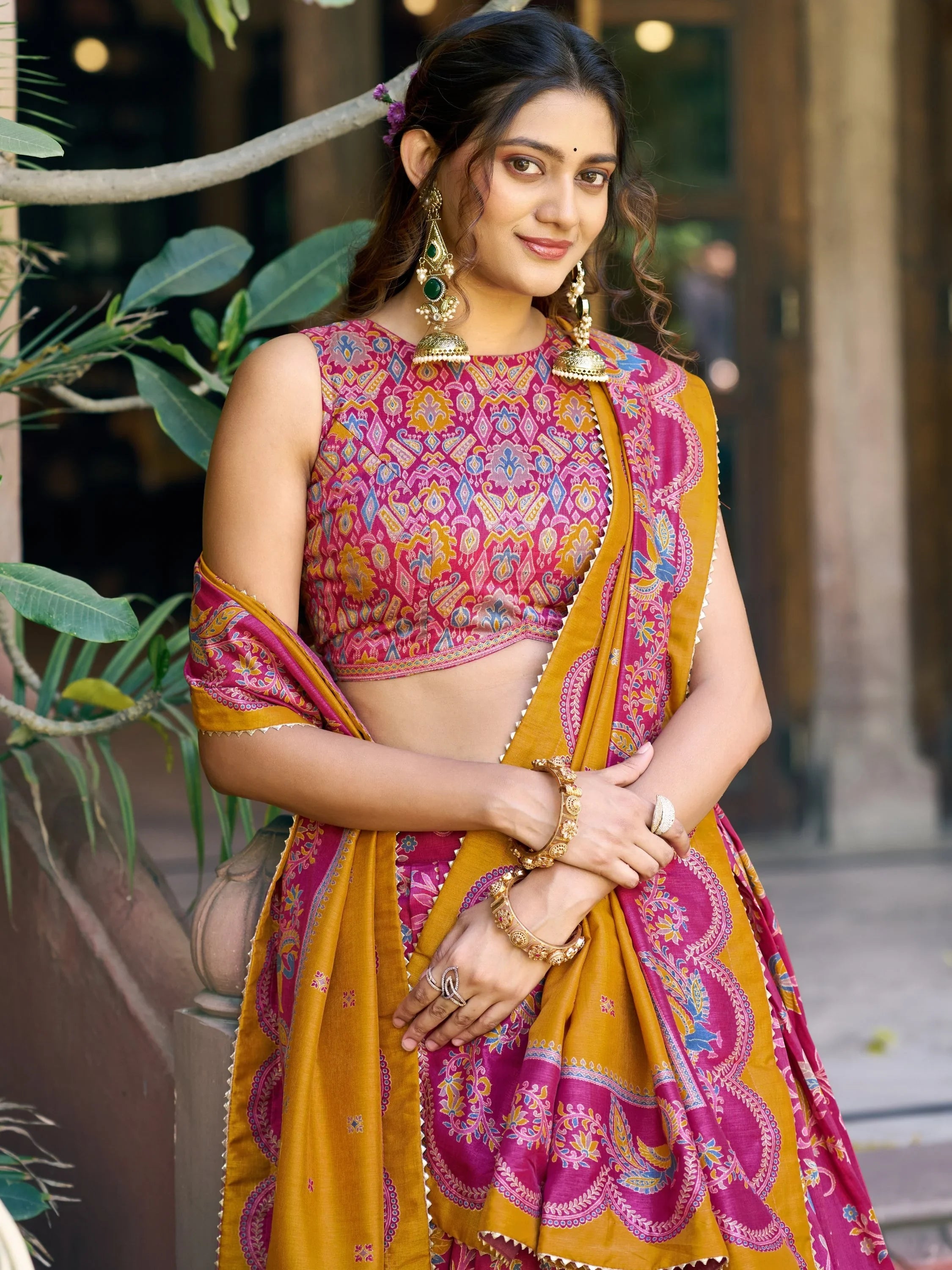 Pink Glorious Bottle Printed Tussar Silk Mehendi Wear Lehenga Choli