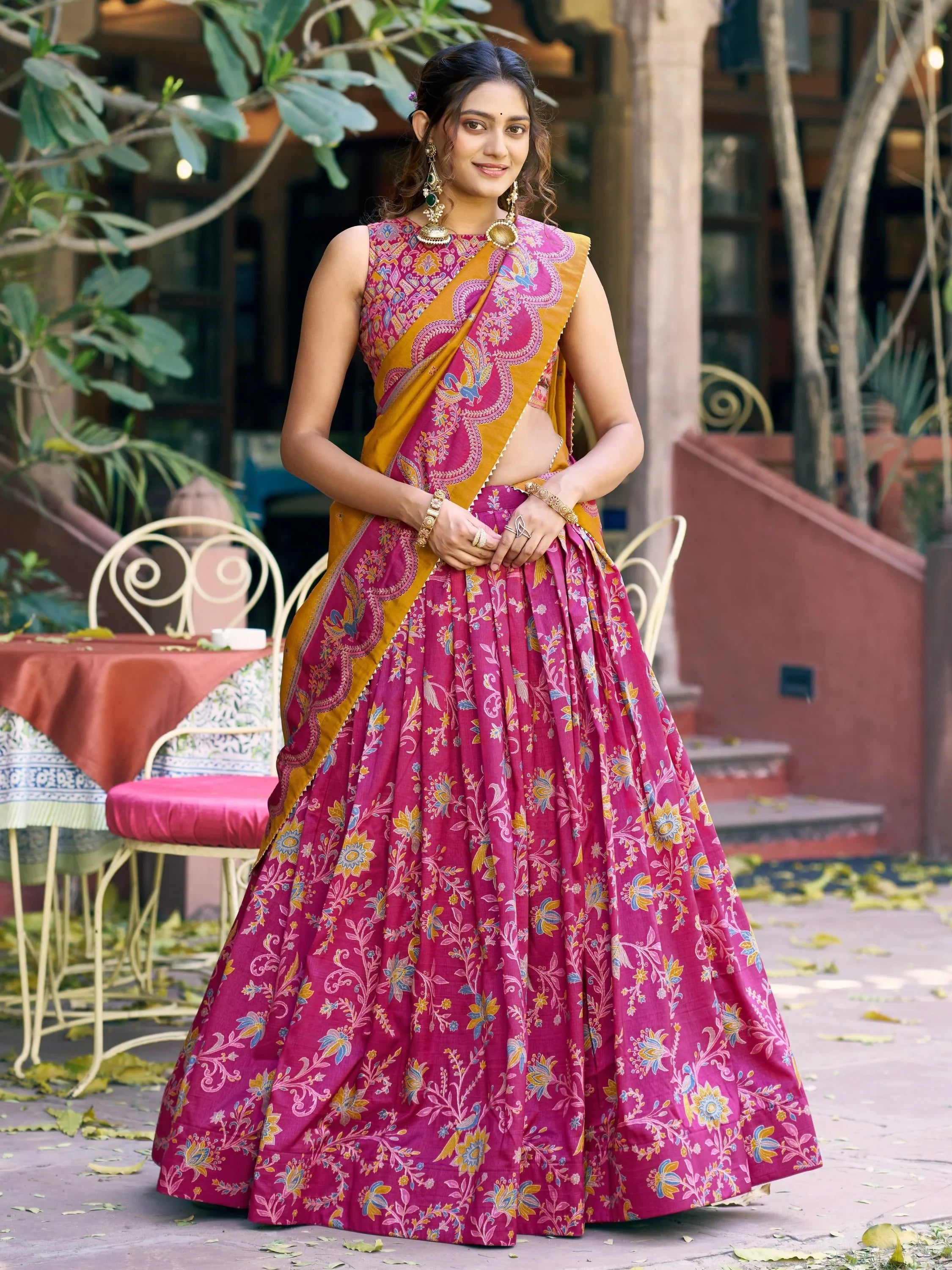 Pink Glorious Bottle Printed Tussar Silk Mehendi Wear Lehenga Choli