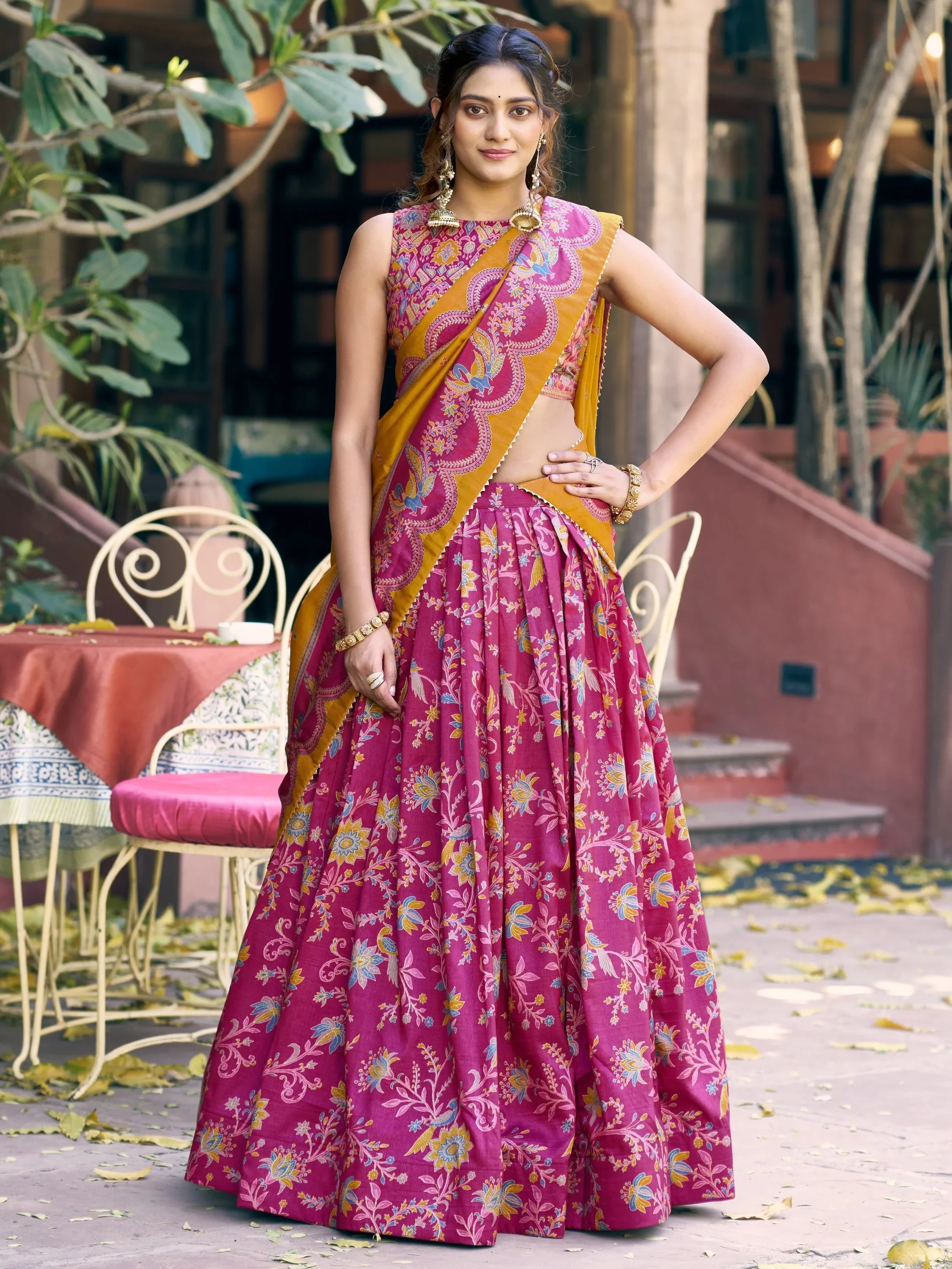 Pink Glorious Bottle Printed Tussar Silk Mehendi Wear Lehenga Choli