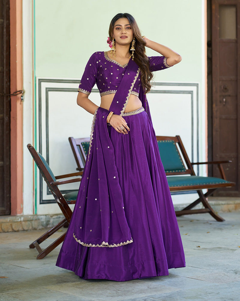 Purple Chinon Designer Lehenga Choli with Embroidery for Festive Occasions