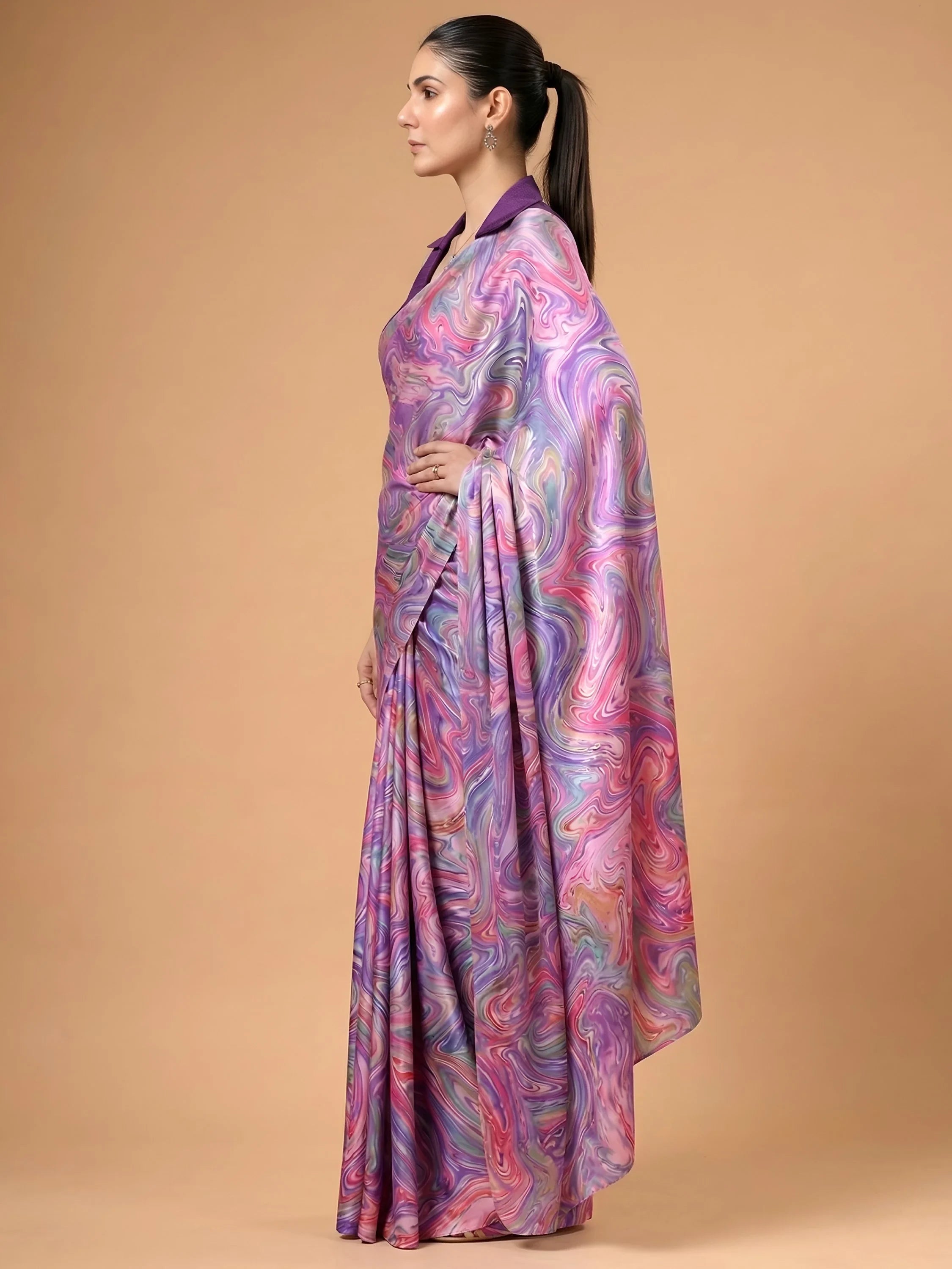 Lavender Charming Digital Printed Satin Festive Wear Saree With Blouse