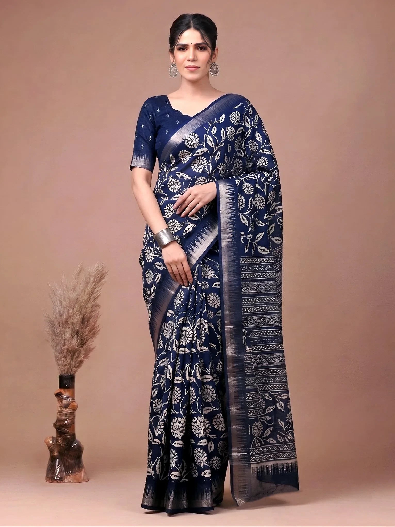 Navy Majestic Floral Printed Silk Casual Wear Saree With Blouse