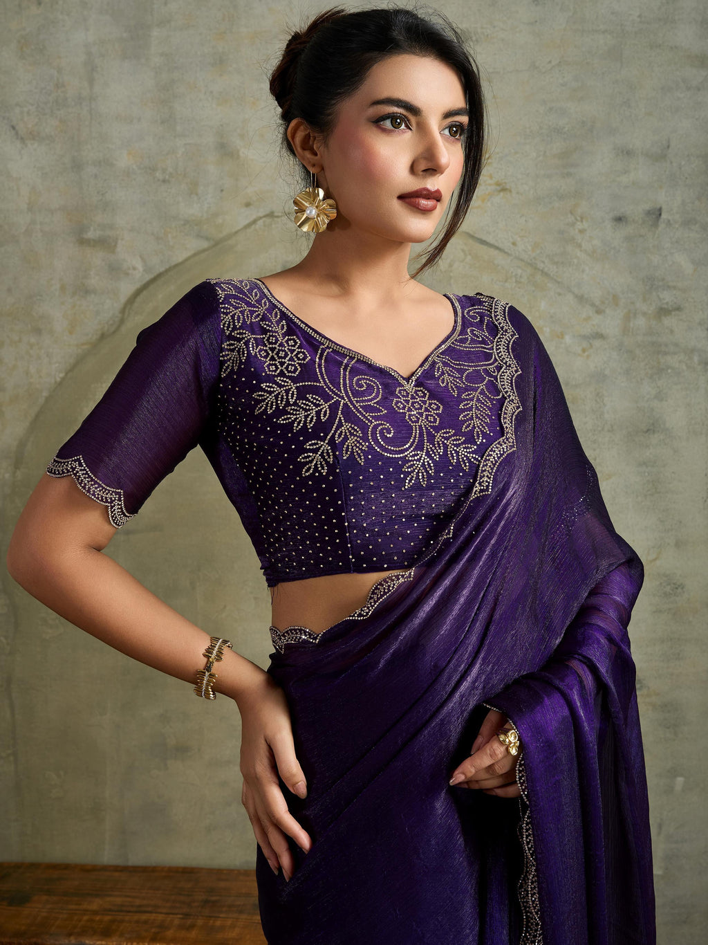 Elegant Purple Chiffon Festive Wear Saree With Diamond Work Blouse
