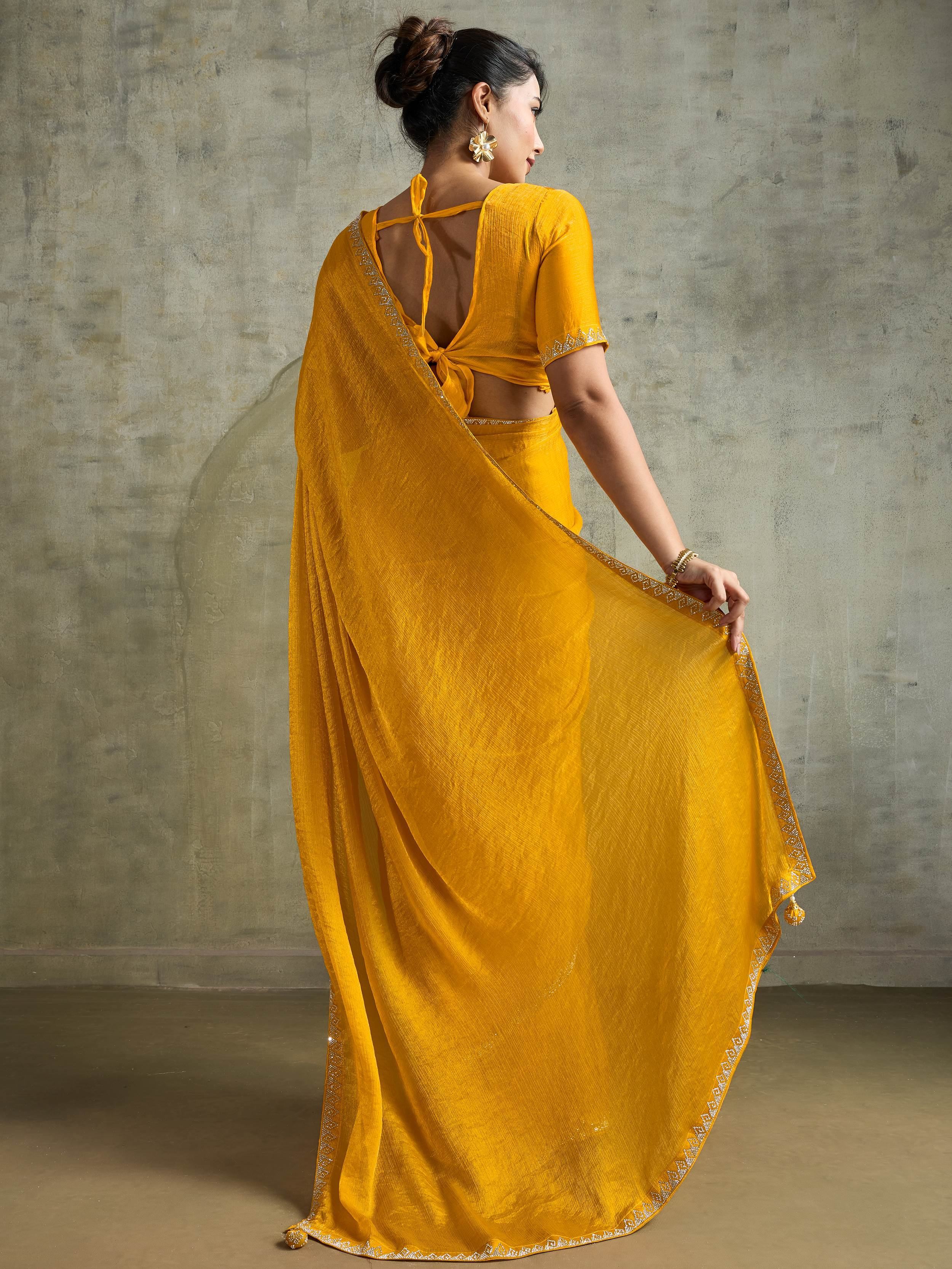 Graceful Yellow Chiffon Haldi Wear Saree With Diamond Work Blouse