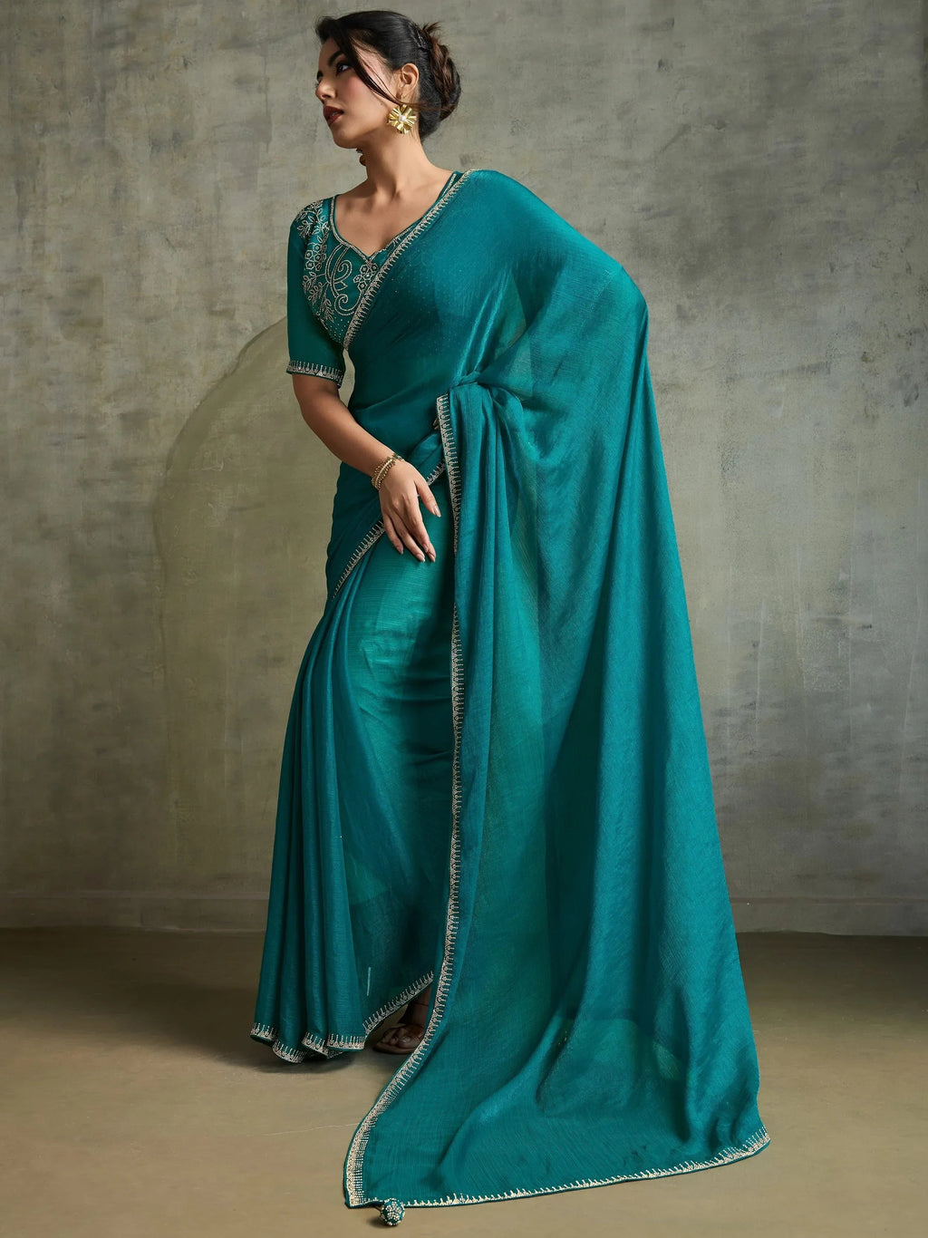 Captivating Green Chiffon Festive Wear Saree With Diamond Work Blouse