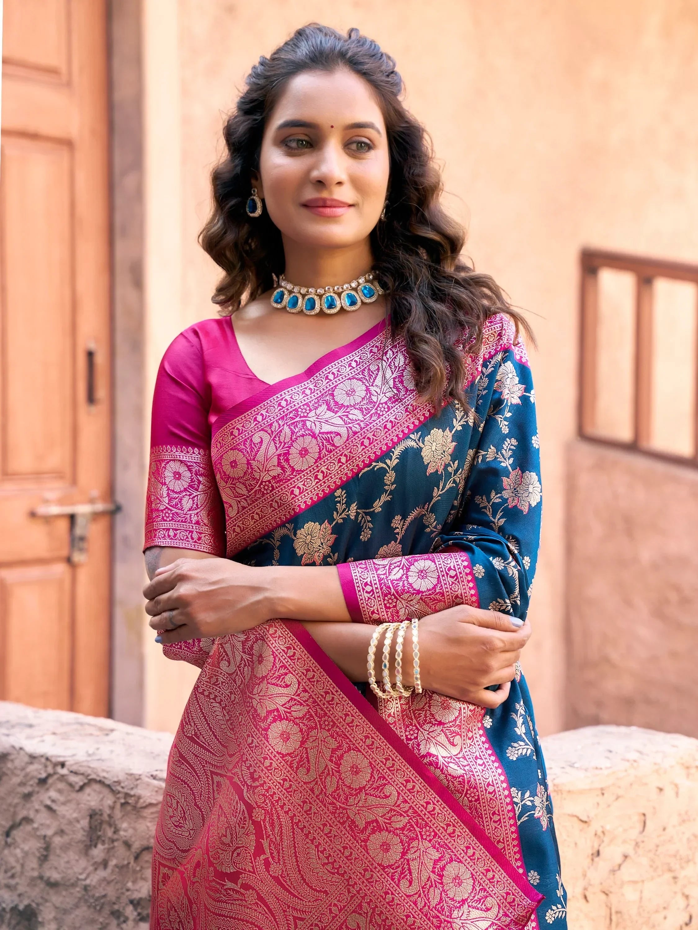 Alluring Navy Blue Zari Weaving Party Wear Saree With Blouse