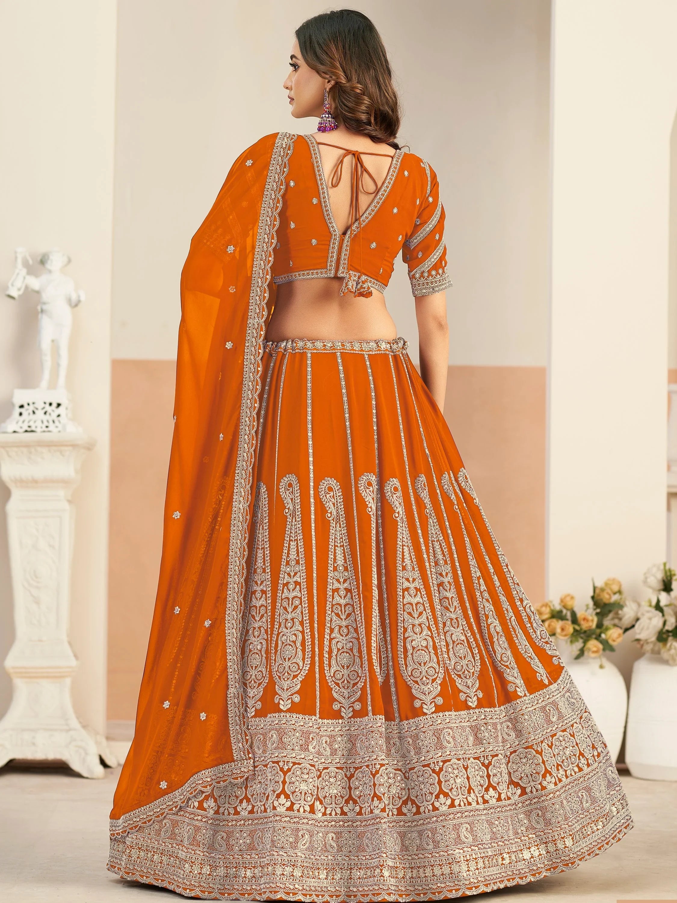 Splendid Orange Dori Embroidery Georgette Festive Wear Lehenga Choli