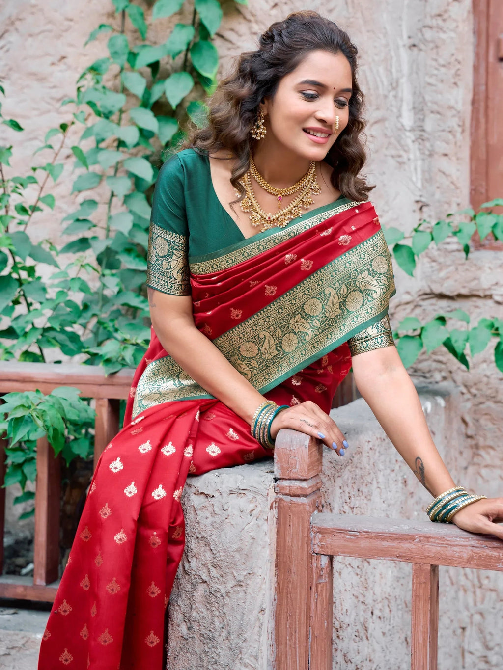 Amazing Red Zari Weaving Wedding Wear Saree With Blouse