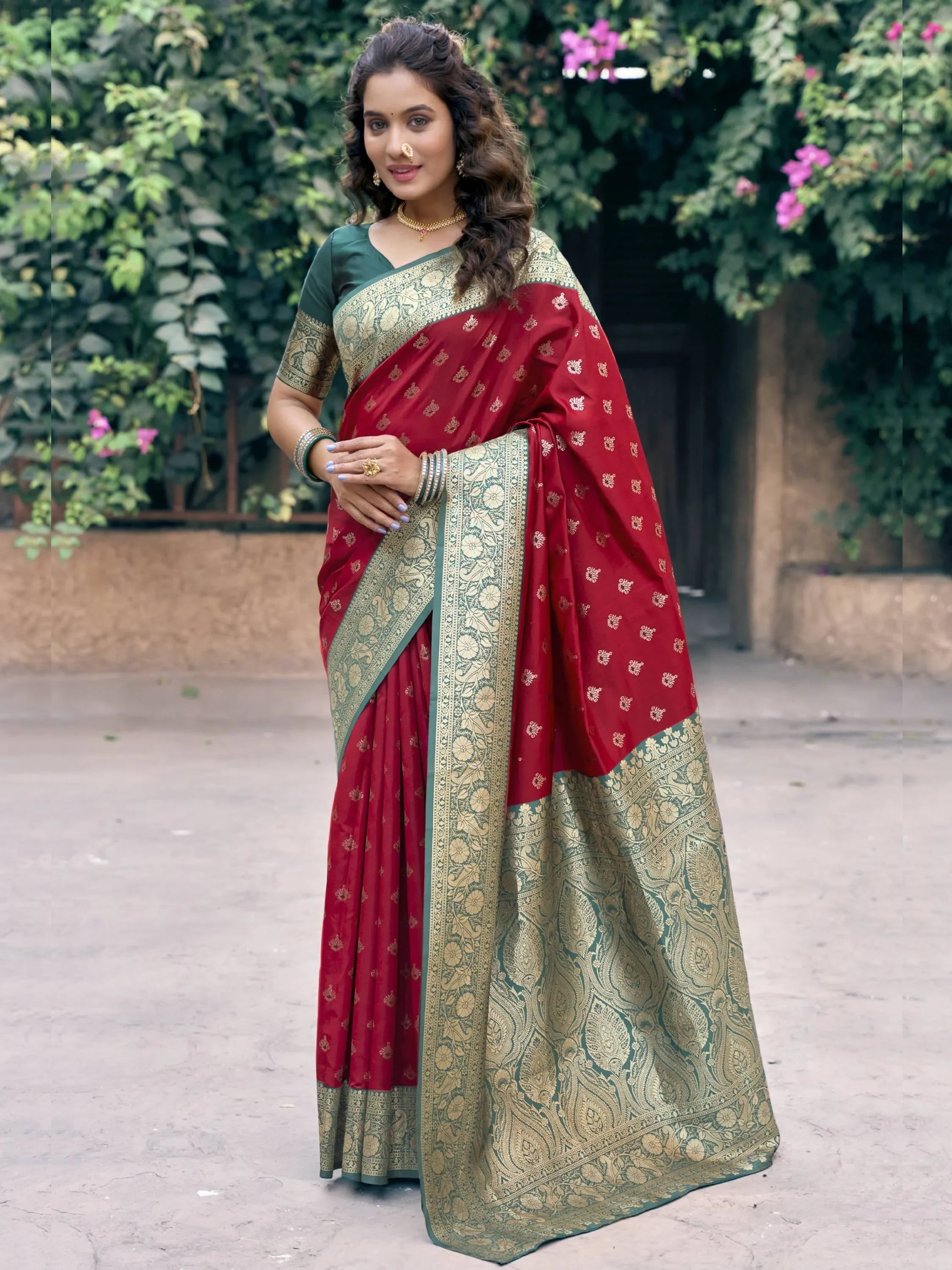 Amazing Red Zari Weaving Wedding Wear Saree With Blouse